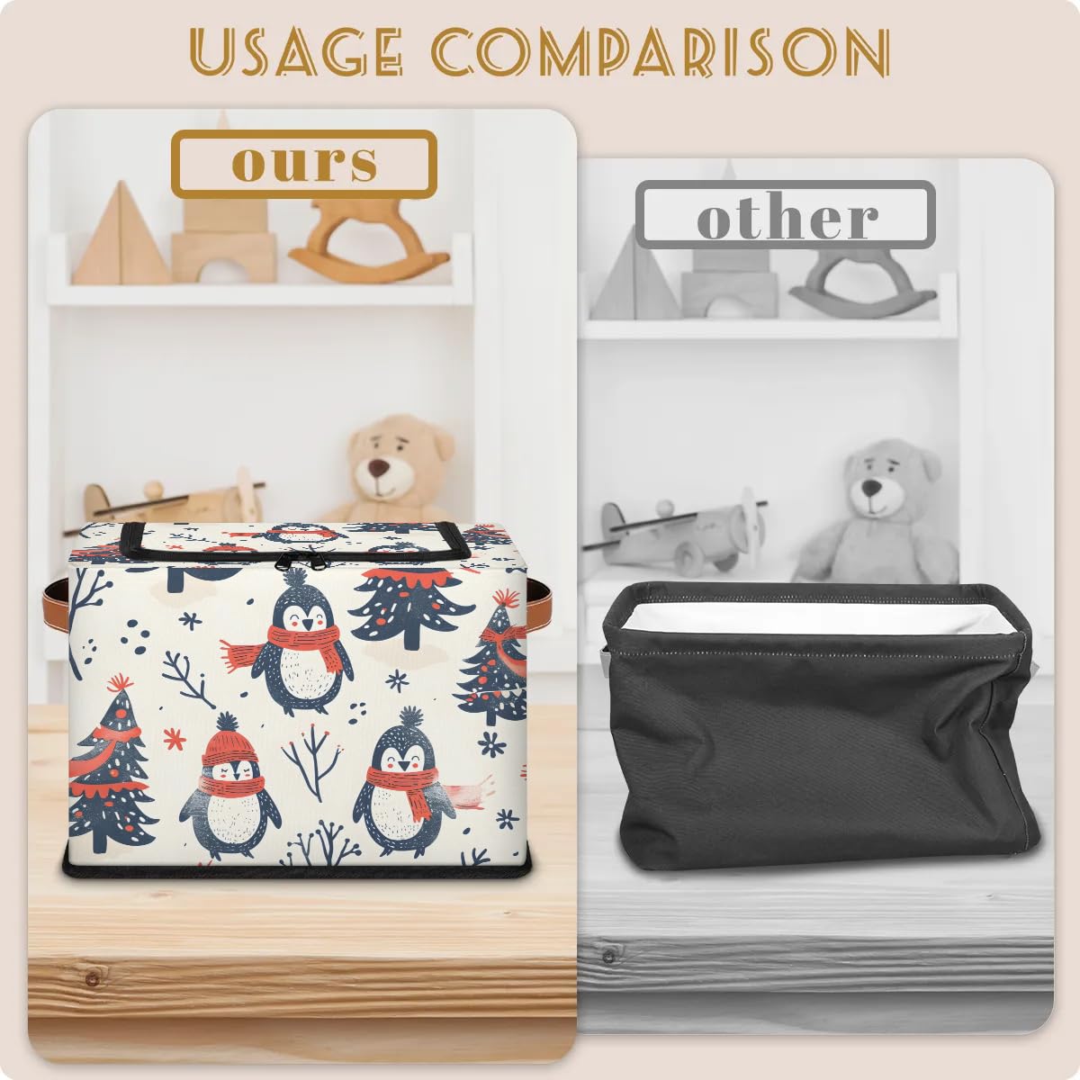 Winter Penguin Snow Storage Bins with Zipper Lid - 2pcs Stackable Storage Baskets with Metal Frame & PU Handles - Closet Organizer Cube for Clothes, Toys & Seasonal Items - Perfect for Bedroom, Nursery & Dorm Storage Solutions