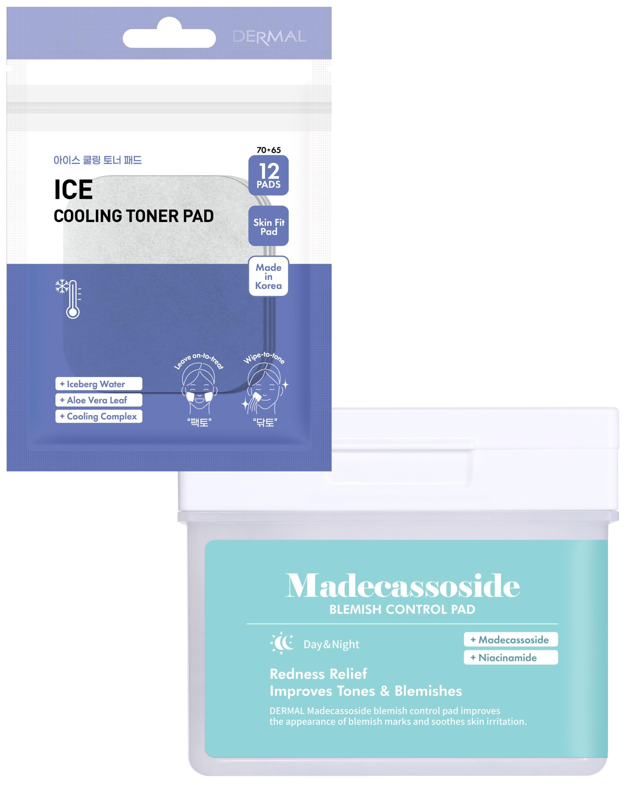 DERMAL Madecassoside Blemish Control Pads & Ice Cooling Toner Pads Set for Acne Treatment - Soothing Facial Skincare Bundle for Oily & Sensitive Skin | Perfect for Post-Workout, Travel & Daily Routine