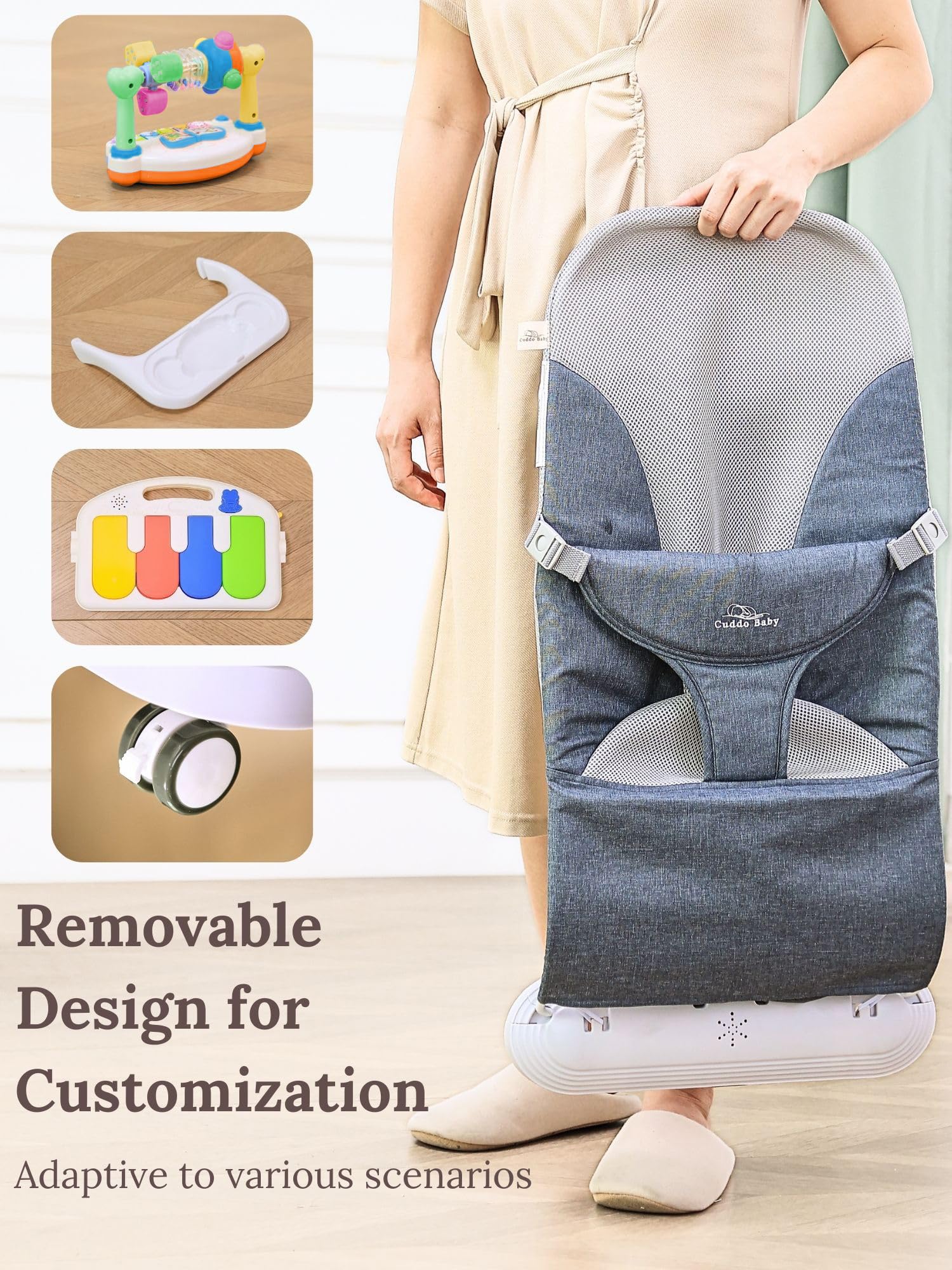CuddoBaby 4-in-1 Baby Bouncer with Wheels - Detachable Piano, Feeding Tray & Play Bar - Thick Base & 3-Level Recline - Portable Infant Seat for Newborn to Toddler (0-24 Months, Up to 29Lbs) - Blue - Perfect for Playtime, Feeding & Napping at Home or Travel