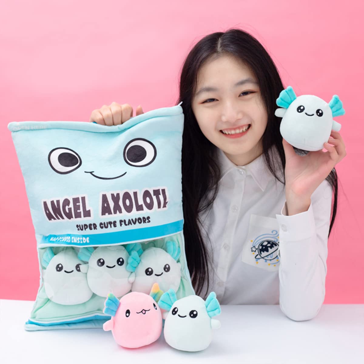 ARELUX 6PCS Cute Axolotl Plush Pillow Set - Soft Blue Salamander Stuffed Animal with Removable Bag, Adorable Axolotl Plushie Doll for Kids & Adults - Perfect for Home Decor, Birthday Gifts, Cuddling and Stress Relief