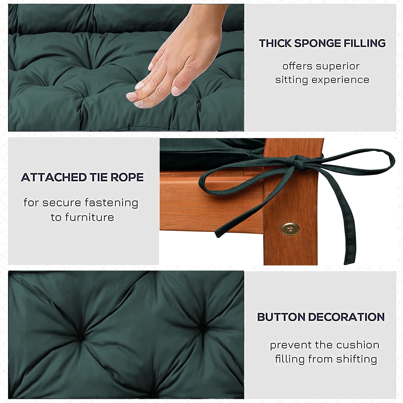 Outdoor Swing Cushions with Backrest - 3 Seater Replacement Cushion Waterproof with Tie - Thick Garden Bench Cushion for Patio Loveseat/Settee (Dark Green 59