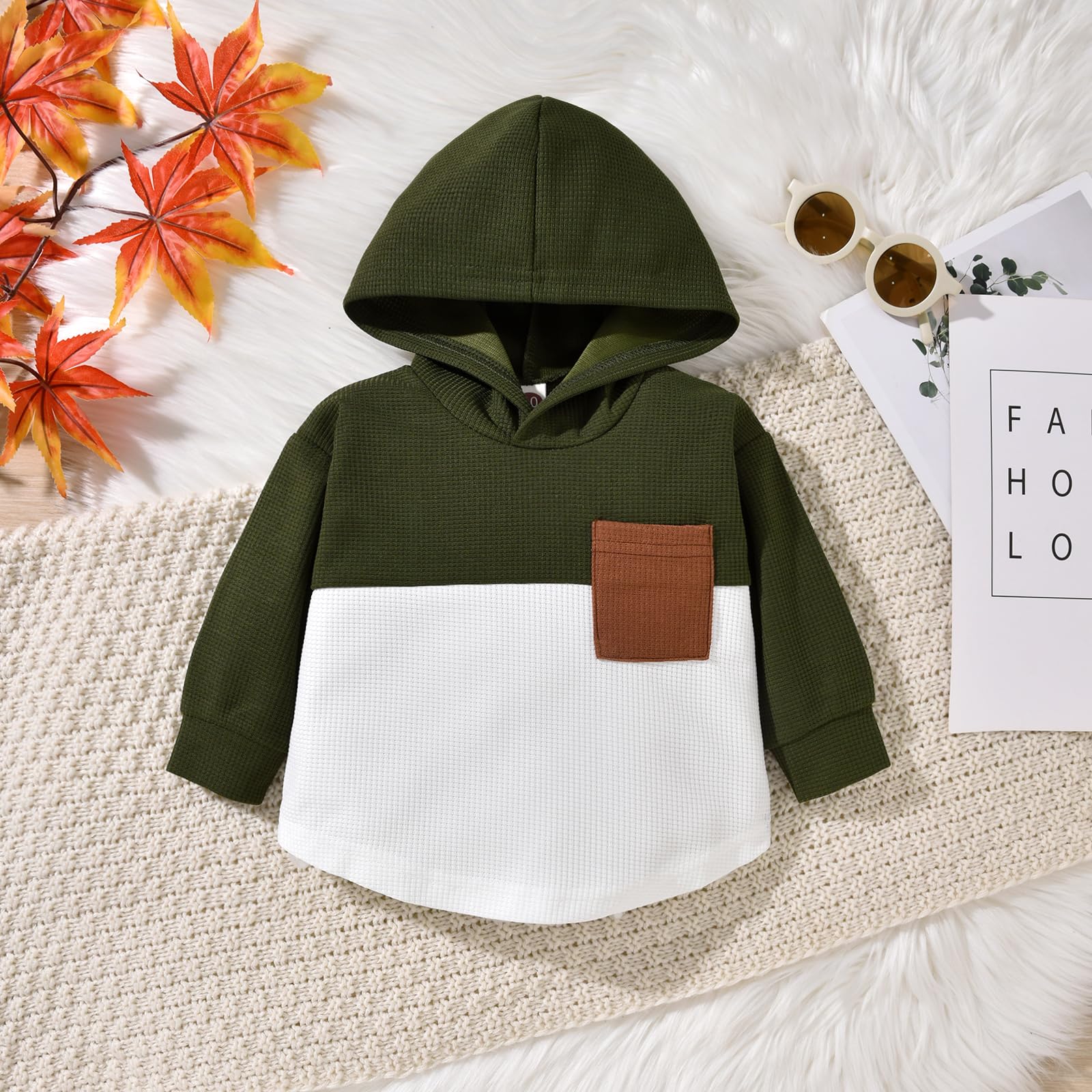 Boys' Fall Winter Waffle Hooded Sweatshirt & Pants Outfit Set - Color Block Long Sleeve Toddler Clothes for Playdates & Outdoor Activities