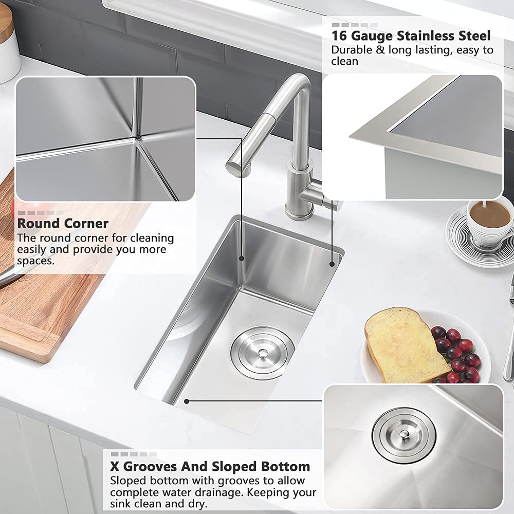 10x18 Inch Undermount Bar Sink - 16 Gauge Stainless Steel Small Wet Bar Prep Sink with Tight Radius for RV & Outdoor Kitchen - Includes Bottom Grid & Drain - Perfect for Compact Spaces, Entertaining & Food Prep