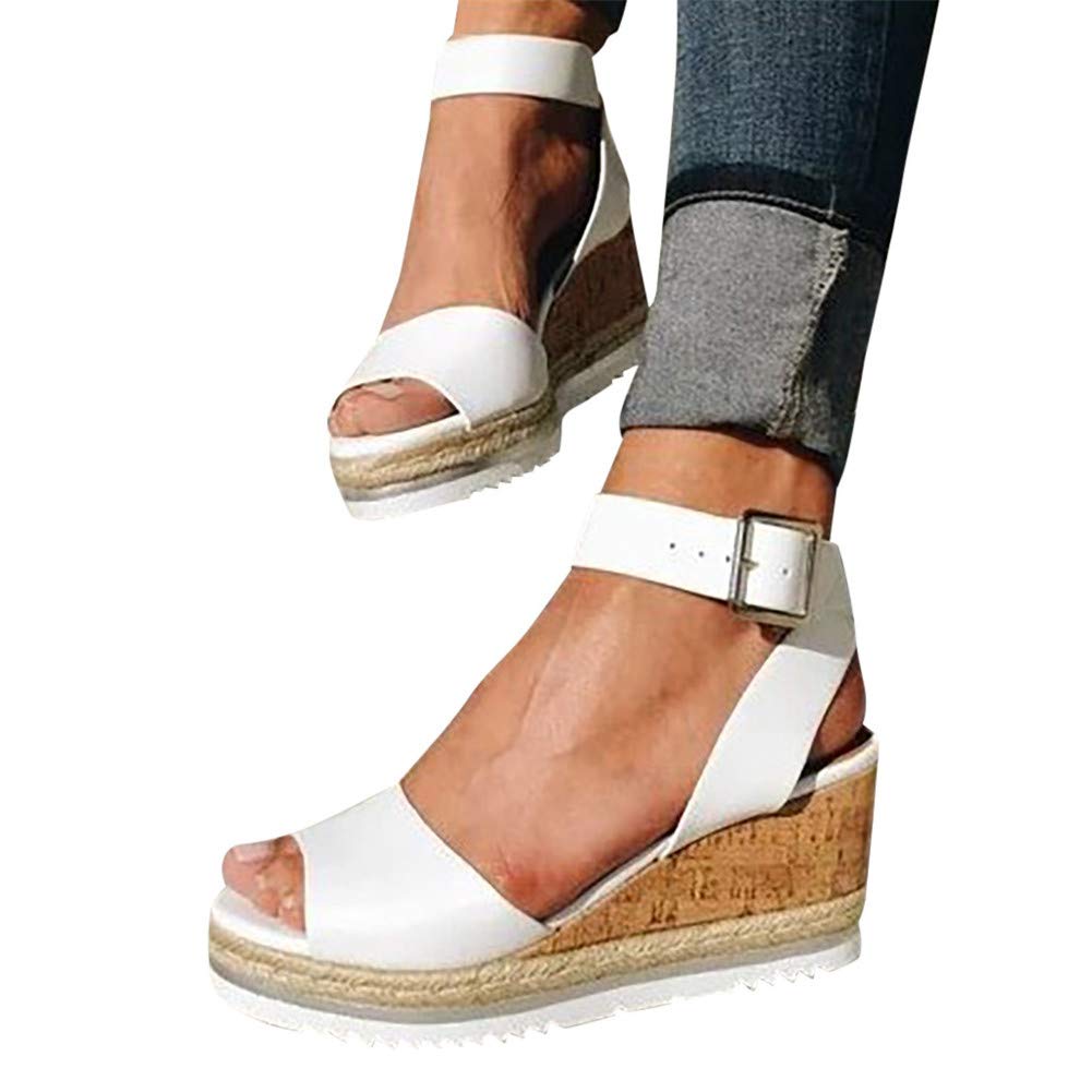 Women's Wide Width Wedge Sandals with Ankle Buckle - 2020 Fashion Summer Beach Sandals, Open Toe Espadrille Platform Shoes for Casual Outings & Vacation Wear