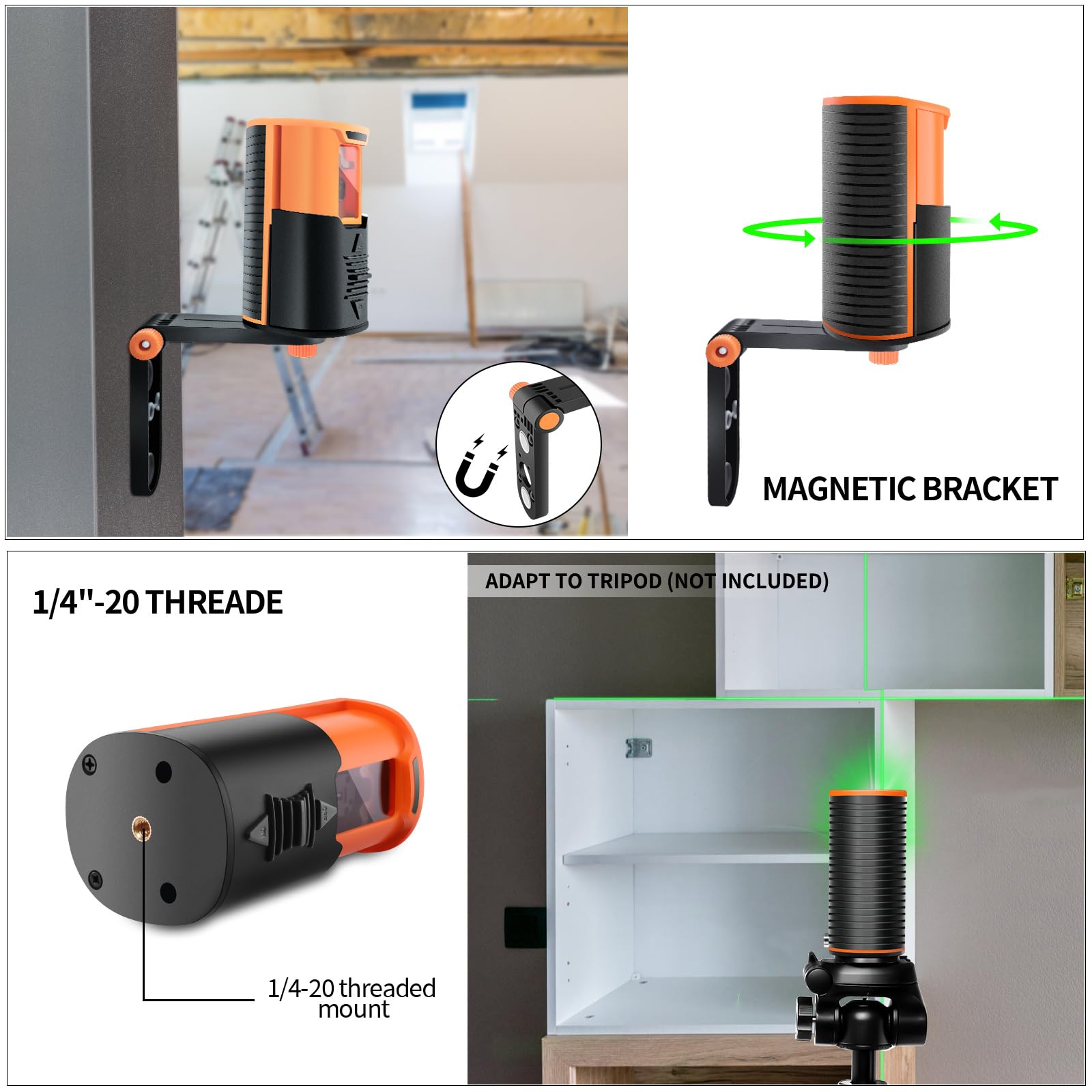 Self-Leveling Laser Level 100Ft - Green Cross Line Laser Leveler Tool with Magnetic Bracket & Charging Cable - Perfect for Hanging Pictures, DIY Projects, and Light Construction Work - Lightweight & Easy to Use