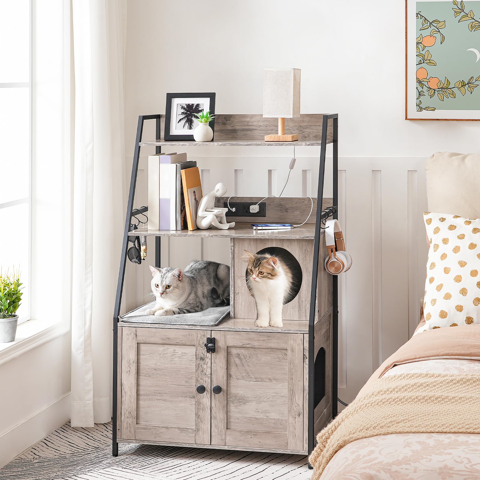 HOOBRO Cat Litter Box Enclosure with 2 Storage Shelves & Charging Station - Hidden Tall Cat Furniture with Plush Mat, Greige BG70UMW01 - Perfect for Small Spaces & Multi-Cat Homes, Stylish Indoor Cat Litter Solution for Apartments