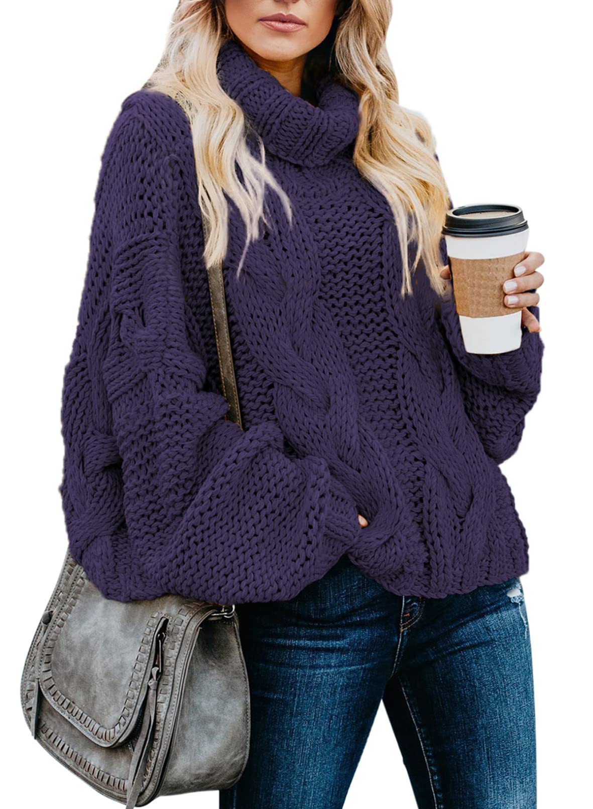 Dokotoo Women's 2023 Winter Fall Solid Color Turtleneck High Neck Balloon Sleeve Long Sleeve Sweater Pullover - Cozy Casual Wear for Office, Dating & Holiday Outfits