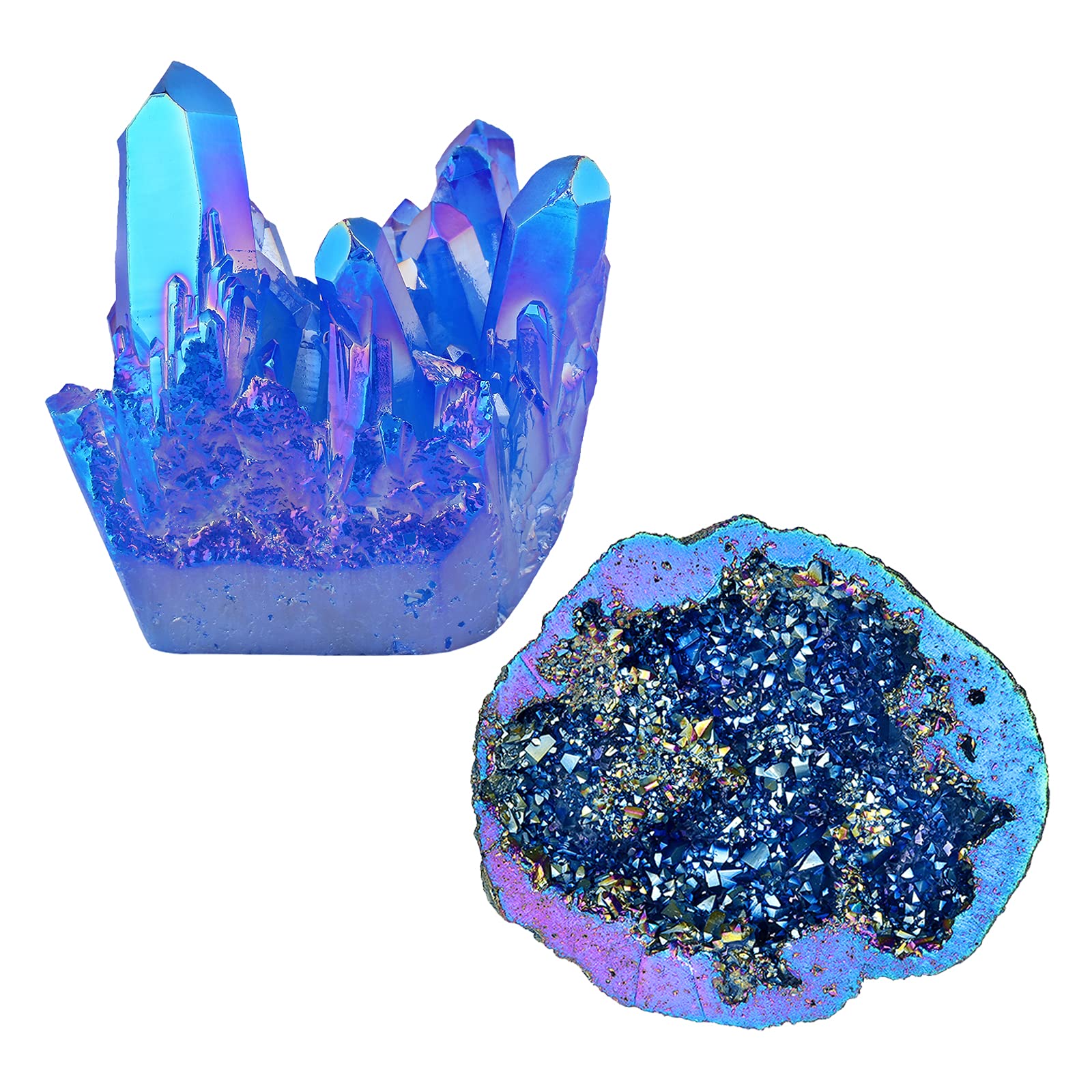 MookaiteDecor Bundle - 2 Titanium Coated Natural Rock Crystal & Angel Aura Quartz Geode Specimens for Reiki Healing, Meditation, Home & Office Decor (Blue) - Perfect for Spiritual Gifts, Feng Shui & Crystal Collections