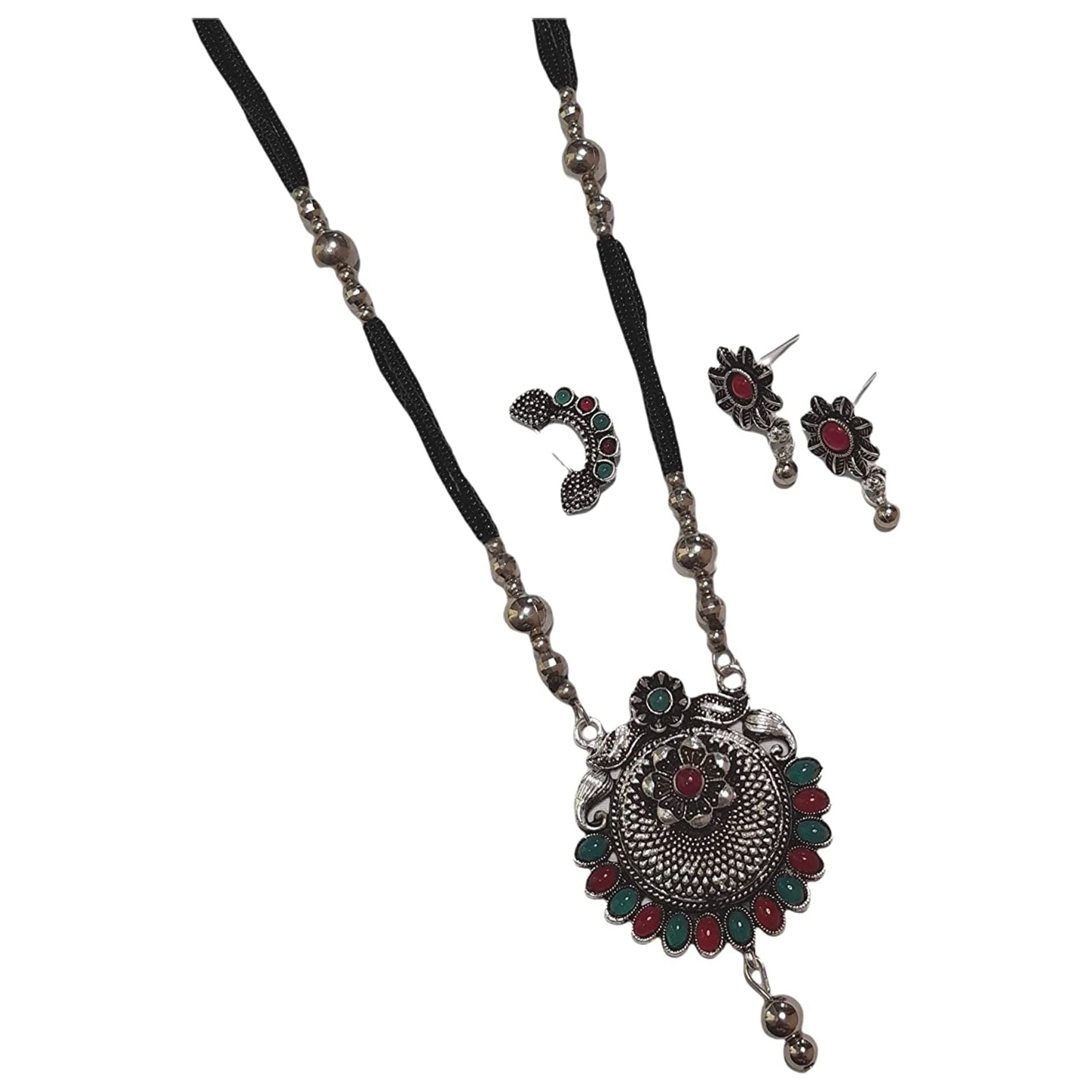 Oxidized Black Bead Jewelry Set with Earrings & Nose Pin - Boho Ethnic Style for Women, Perfect for Parties, Weddings & Festivals