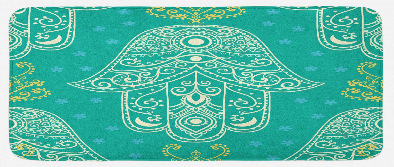 Ambesonne Evil Eye Kitchen Mat - Non-Slip Plush Rug with Eastern Charm & Daisy Pattern, 47x19 Inches, Yellow Beige - Perfect for Boho Decor & Kitchen Floor Protection