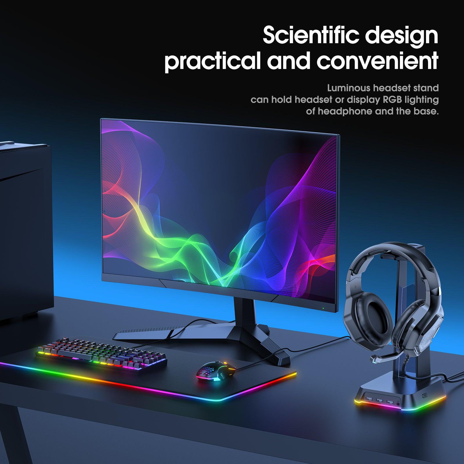 ONIKUMA ST2 RGB Gaming Headphone Stand with 3 USB Ports & 3.5mm AUX Jack - Perfect for PC Gaming Setup, Streaming Studio & Office Workspace