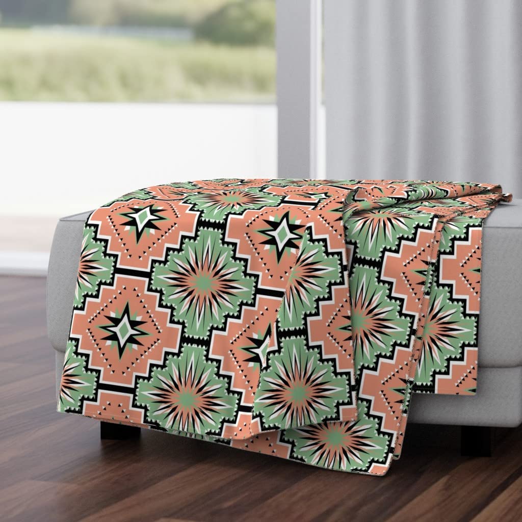 Soft Plush Minky Throw Blanket 50x70 Inches - Southwest Style Salmon Stars & Spanish Tile Pattern | Cozy Couch Blanket, Bed Decor, Gift Idea