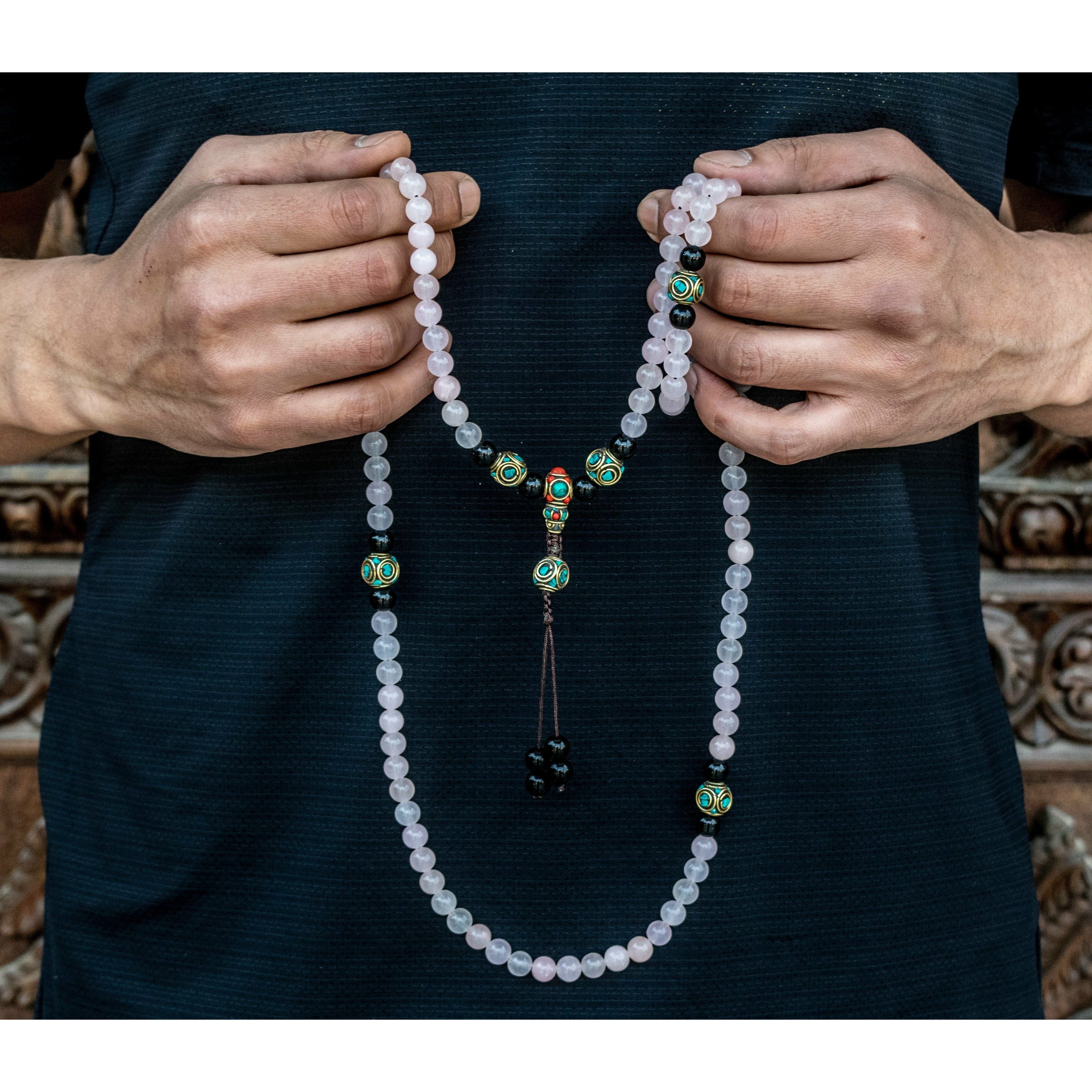 Rose Quartz Happiness Mala Beads - 108 Healing Stones for Meditation, Yoga & Positive Energy | Spiritual Jewelry for Stress Relief & Chakra Balancing