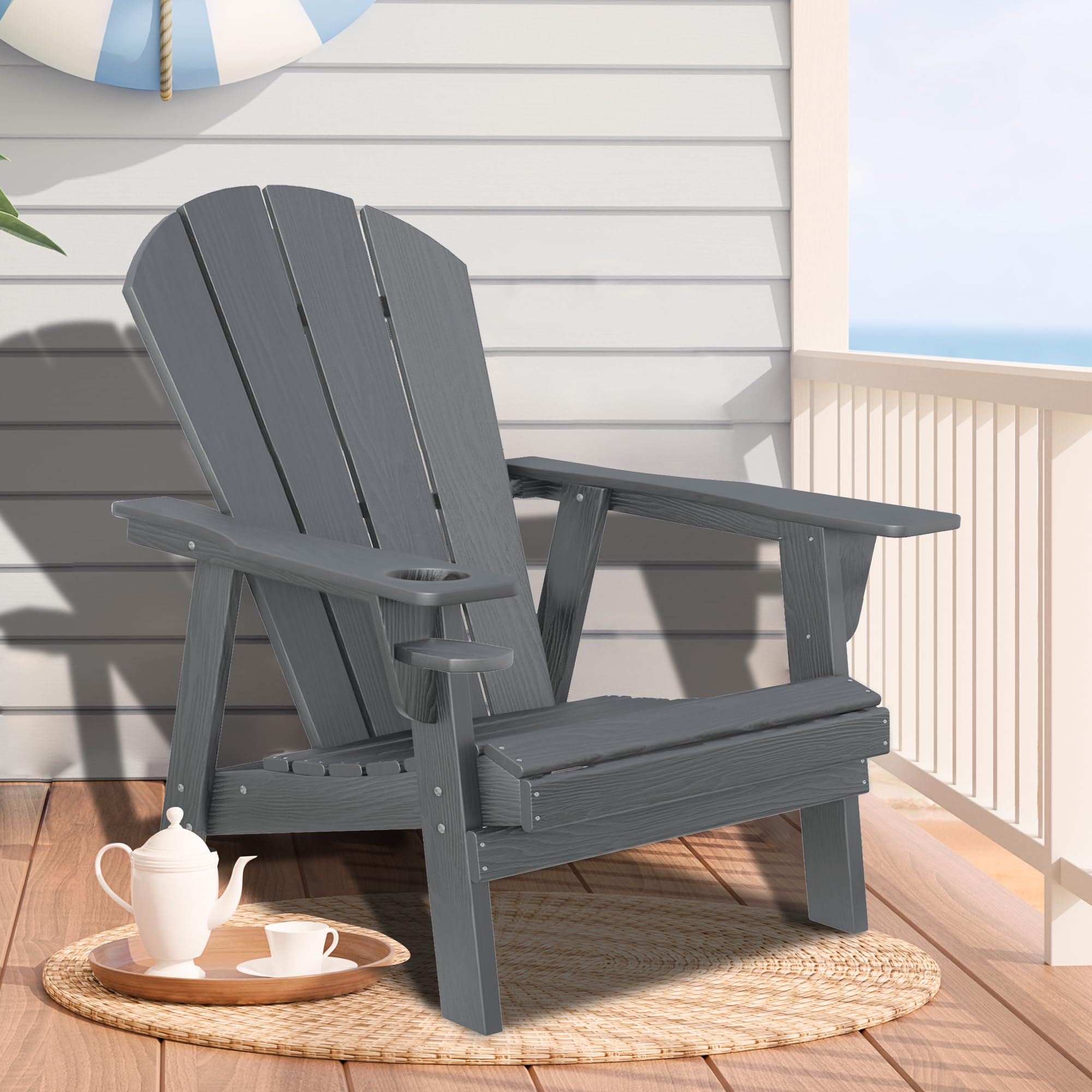 Premium HDPE All-Weather Adirondack Chairs - Heavy Duty Outdoor Patio Furniture with Fire Pit (Grey) - Perfect for Backyard, Garden, Poolside & Camping Relaxation