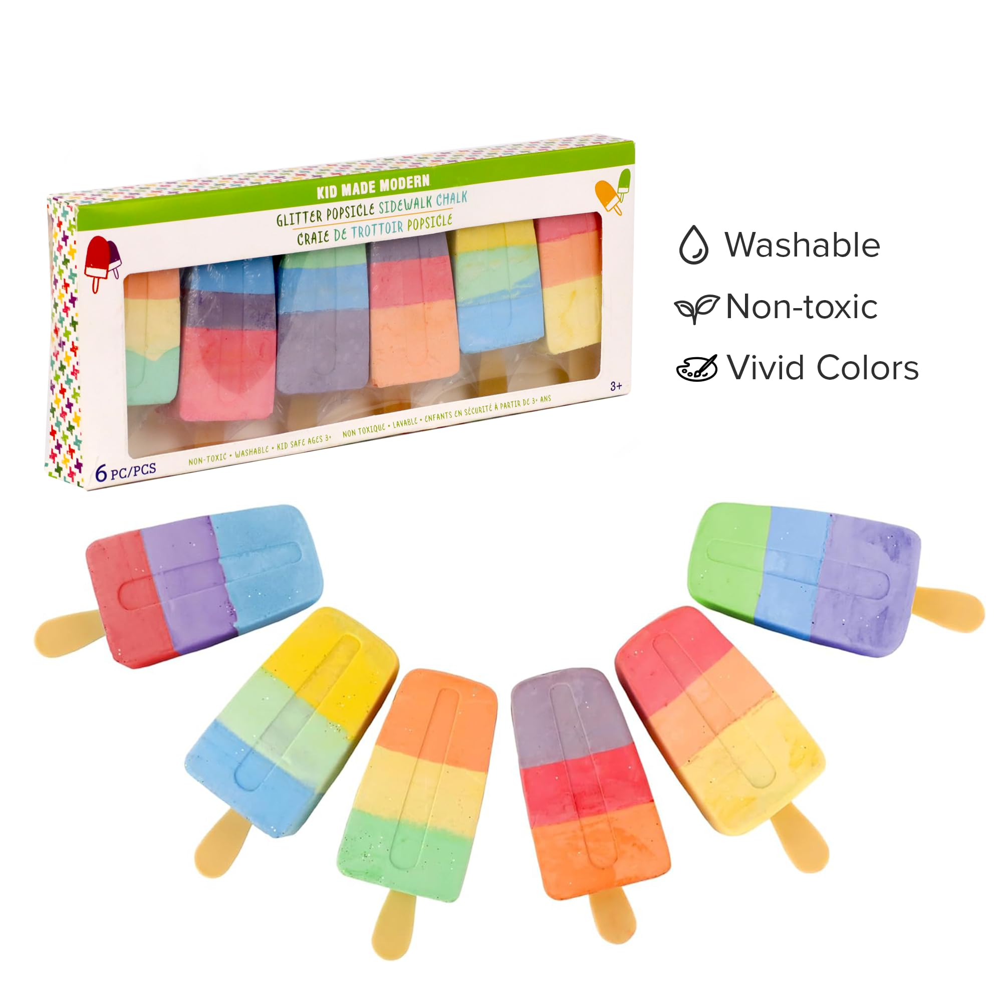 Kid Made Modern Popsicle Glitter Chalk Set - Non-Toxic Washable Sidewalk Chalk for Kids - 6 Pack Vibrant Colors for Outdoor Games, Art & Summer Activities