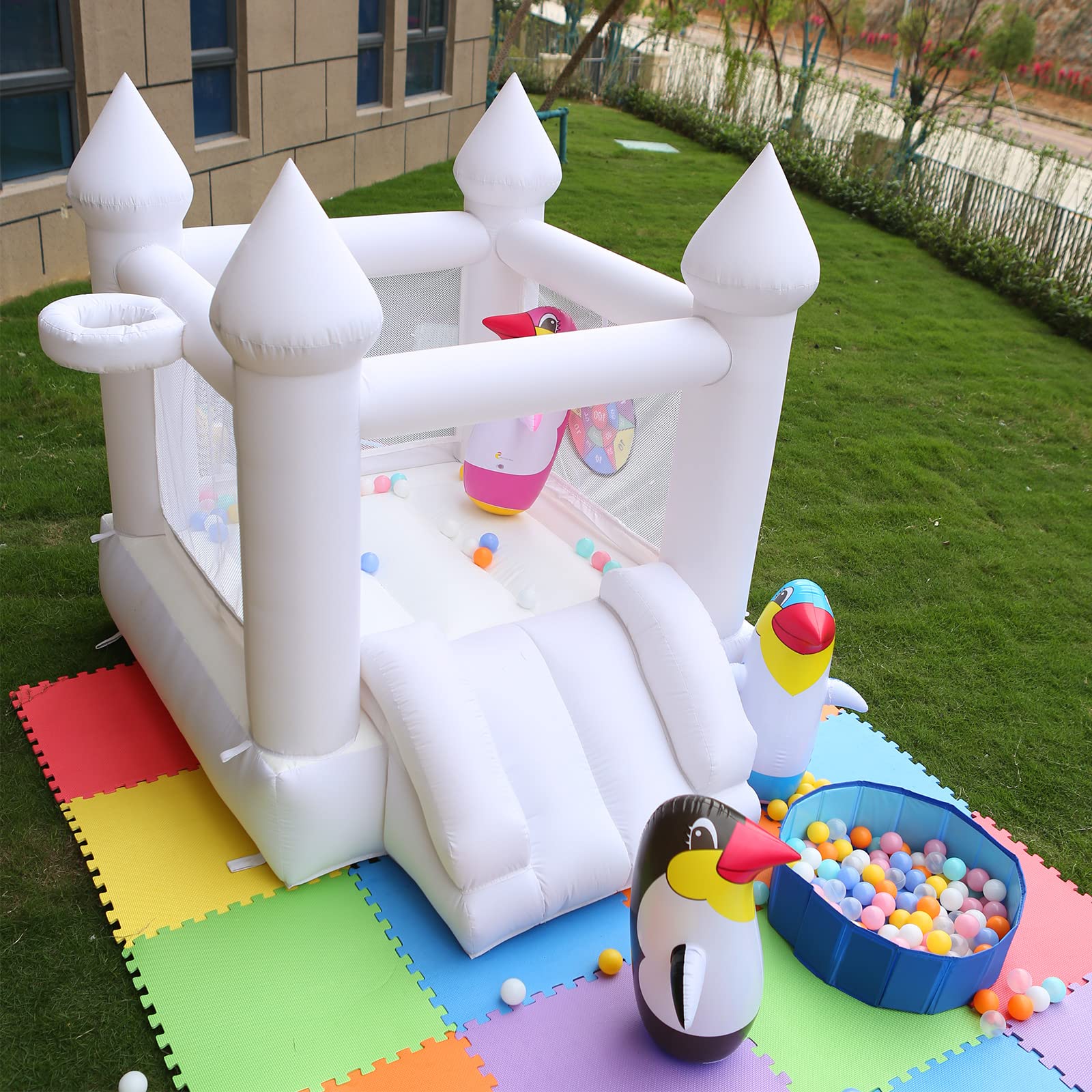 White Bounce House with Blower - 6ft x 5ft Inflatable Bouncy Castle for Kids, Family Backyard Fun, Birthday Parties, Weddings & Outdoor Events - Perfect Gift for Children (6ftL×5ftW×5ftH) - Great for Backyards, Parks, School Carnivals & Summer Gatherings