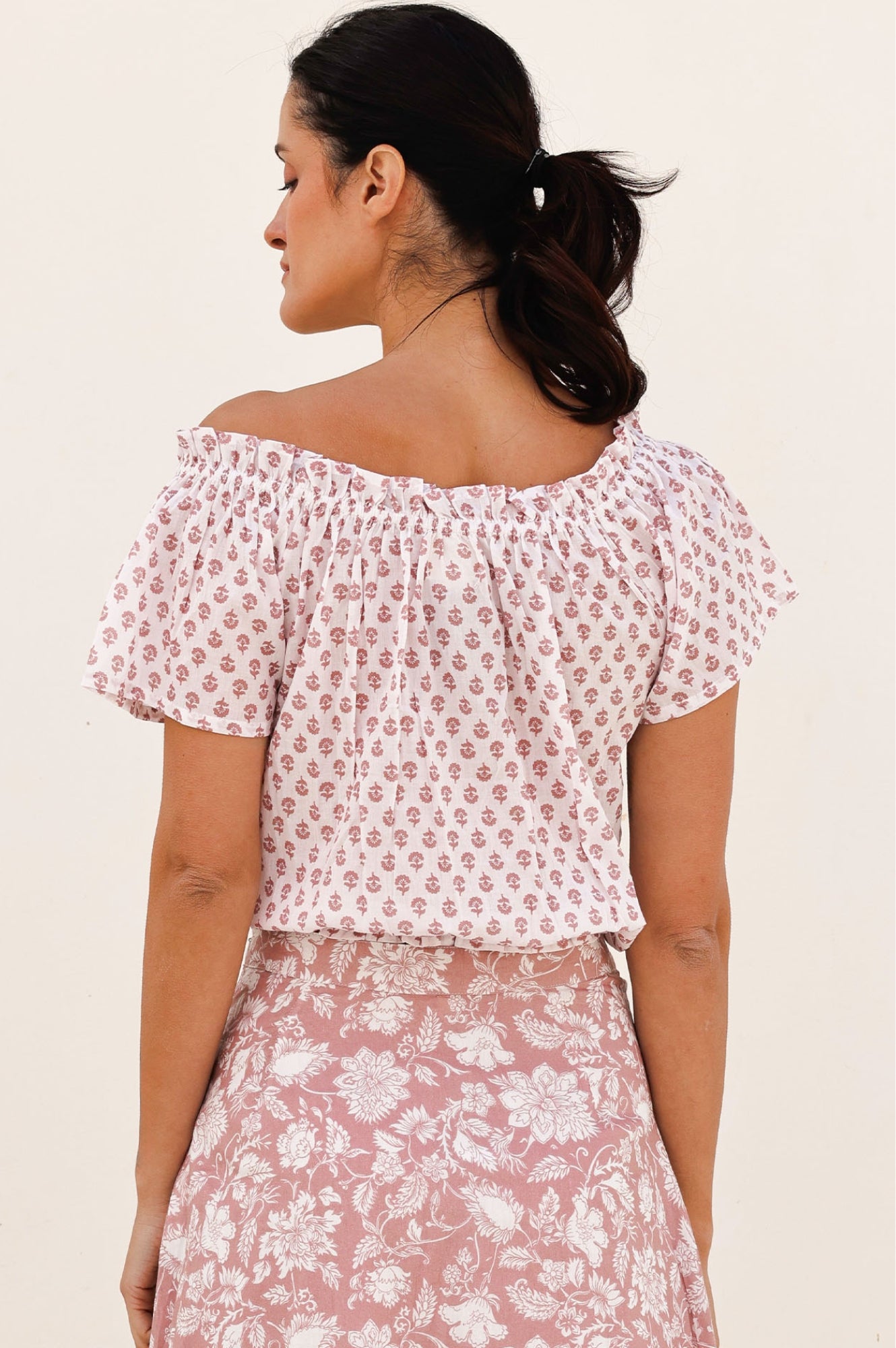 Ilana Printed Organic Cotton Top for Women | Lixus Flower White/Dusty Pink | Casual Wear, Summer Outfits, Boho Style