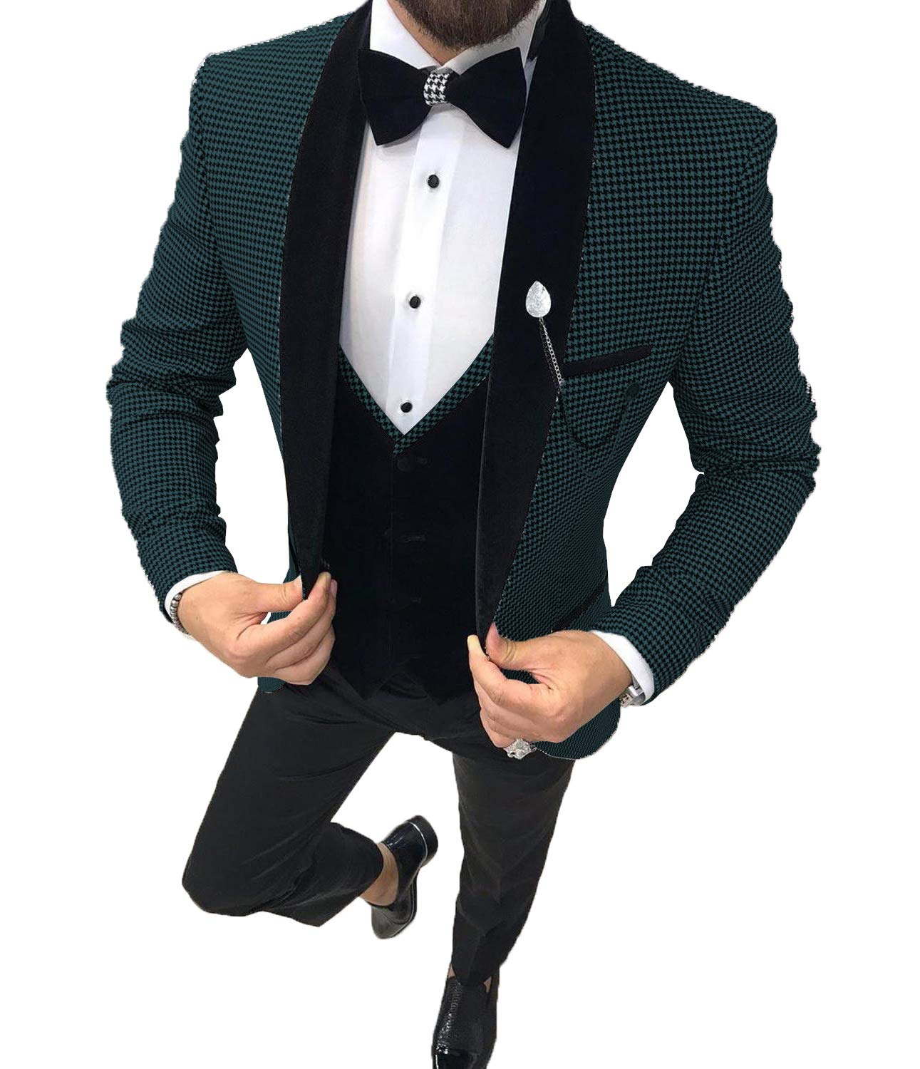 Men's 3-Piece Slim Fit Houndstooth Suit Set (Blazer, Vest & Pants) for Wedding, Groomsmen & Formal Occasions - Fashionable One-Button Casual Tuxedo Outfit
