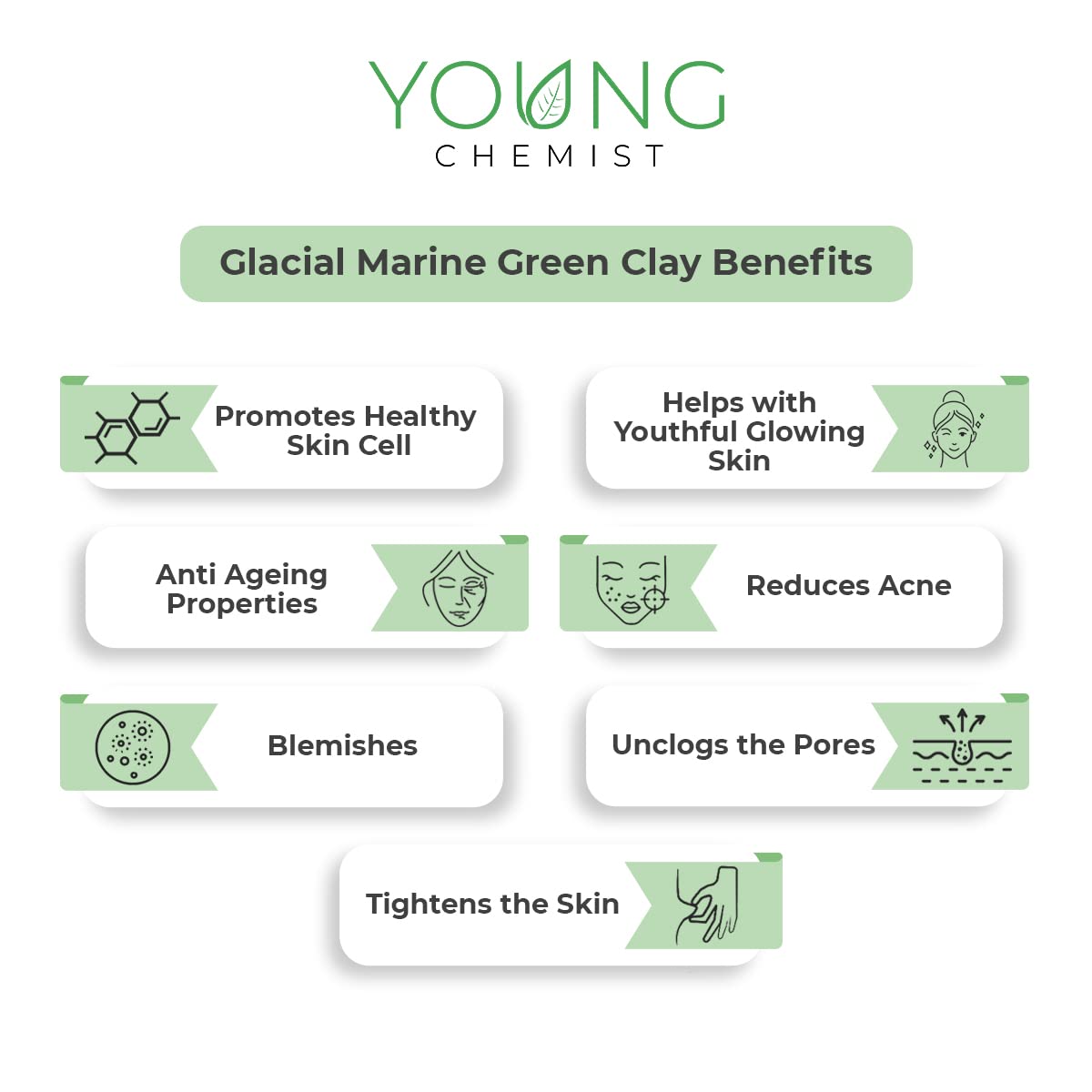 Organic Vegan Glacial Marine Green Clay Powder - 100% Natural, Paraben-Free for Face, Body & Hair Care - All Skin Types - 100g | Detoxifying Mask, Skin Brightening, Acne Treatment & Hair Growth