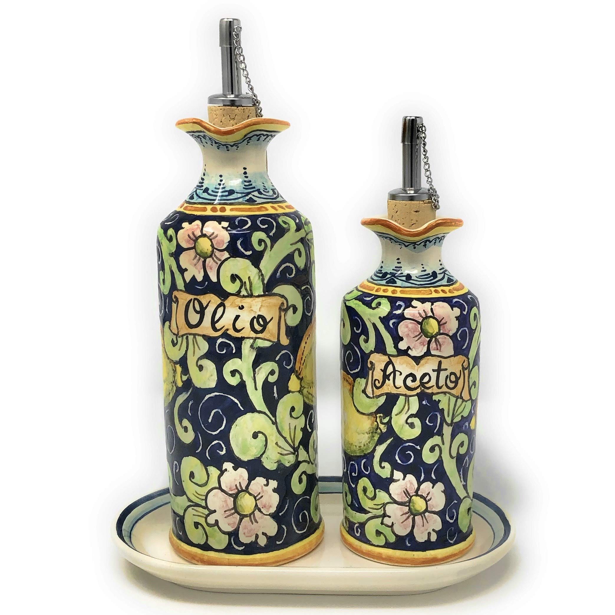 Italian Hand Painted Tuscan Ceramic Oil Cruet & Vinegar Bottle Set - Artisanal Lemon Decor Pottery from Italy | Perfect for Kitchen Decor, Olive Oil Dispenser & Gourmet Dining