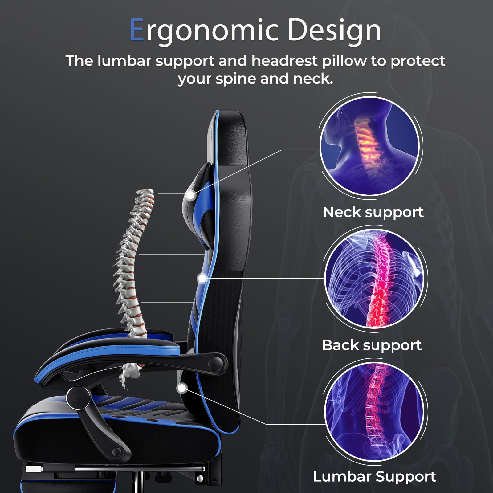 **POWERSTONE Ergonomic Gaming Chair with Footrest & Lumbar Support - Adjustable Racing Style PU Leather Computer Chair for Office & Home Gaming - Blue**    *(Perfect for Esports, Streaming, Work from Home & Long Gaming Sessions)*