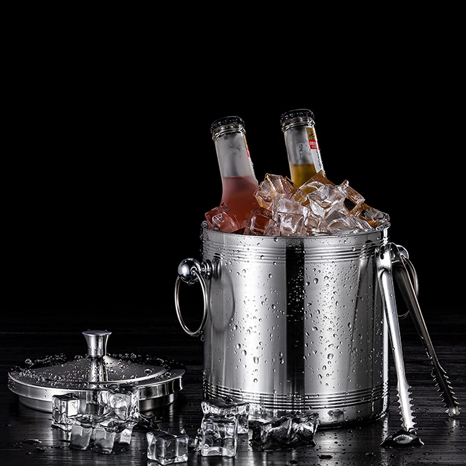 Premium Stainless Steel Double Wall Ice Bucket Set with Lid, Tongs & Strainer - 1L/1.4L/1.7L Capacity for Keeping Ice Cold & Dry - Perfect for Bars, Parties, Chilling Beer, Champagne & Wine - Ideal for Outdoor Gatherings, Home Entertaining & Restaurant Use