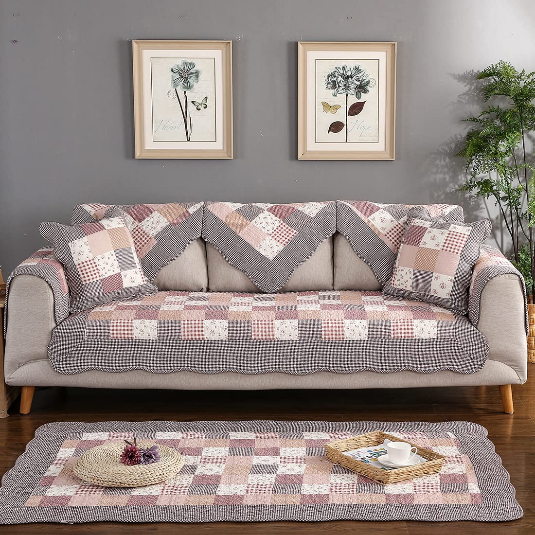 VCTOPS Floral Patchwork Boho Cotton Quilted Sofa Cover - Non-Slip Sectional Couch Slipcover for Pets, Kids & Furniture Protection (Red, 36x82 Inches) - Perfect for Living Room, Bedroom & Pet-Friendly Homes