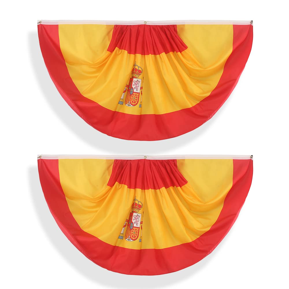 3x6 Ft Spain Spanish Pleated Fan Flag Bunting - 2 Pack Patriotic Half Fan Flags for Indoor/Outdoor Decor, Front Porch, Holiday Celebrations & National Events - Perfect for Spanish Festivals, Football Games & Cultural Parties