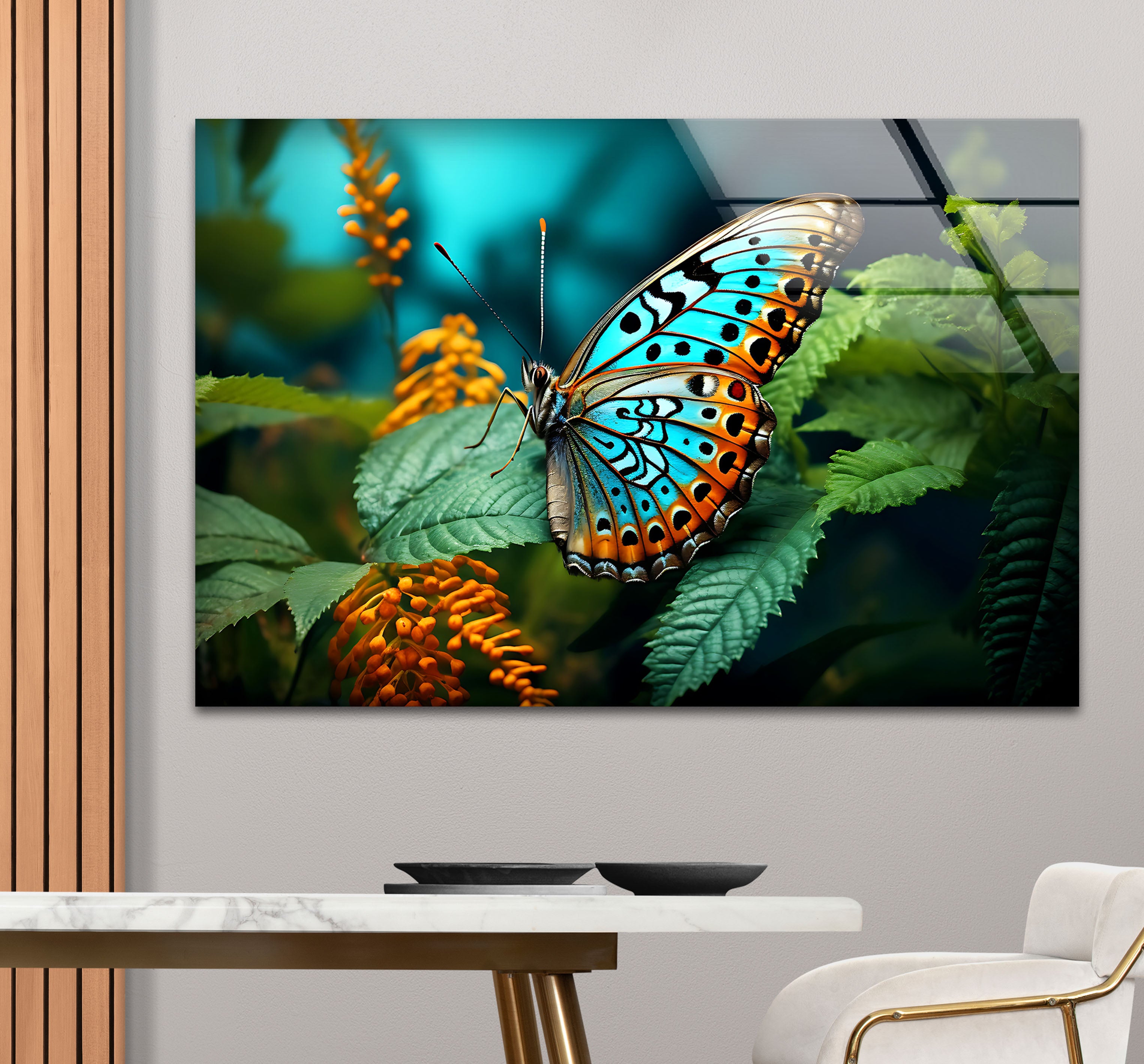 Blue Monarch Glass Wall Art - Vibrant Butterfly on Leaf Print | Elegant Home Decor for Living Room, Bedroom & Office | Perfect Gift for Nature Lovers