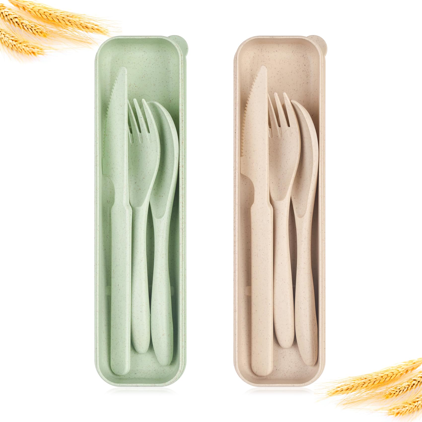 Eco-Friendly Travel Utensil Set with Case - 2 Pack Wheat Straw Reusable Spoon, Chopsticks & Forks | Portable Cutlery for Camping, Picnic, Office Lunch or Daily Use (Beige & Green) | BPA-Free Sustainable Tableware for Outdoor Adventures & Zero Waste Lifestyle