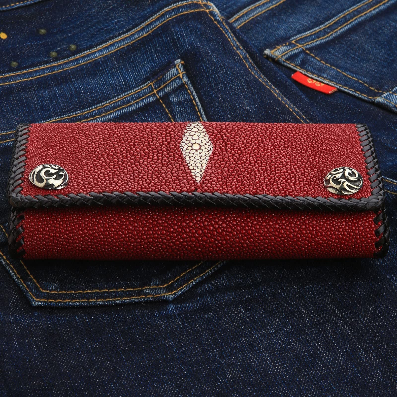 Premium Genuine Red Stingray Skin Biker Wallet - Handmade Leather Motorcycle Wallet for Men - Perfect Gift for Riders & Biker Enthusiasts (Great for Motorcycle Rides, Road Trips & Everyday Use)