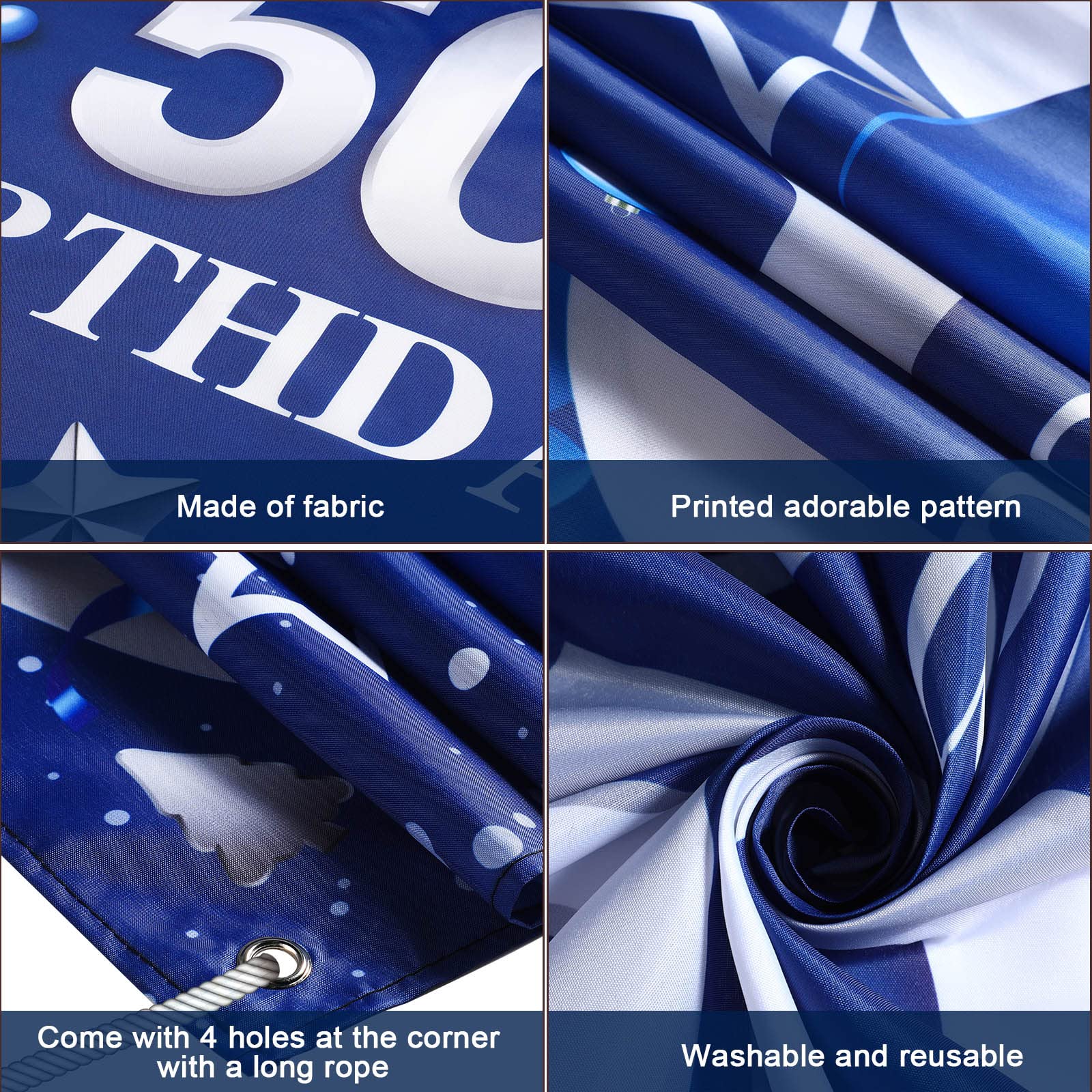 Navy Blue & Silver Happy Birthday Party Backdrop Banner - 50th Birthday Photography Decor for Men & Women, Anniversary Party Photo Props & Supplies - Perfect for Indoor & Outdoor Celebrations, Photo Booths & Social Media Posts