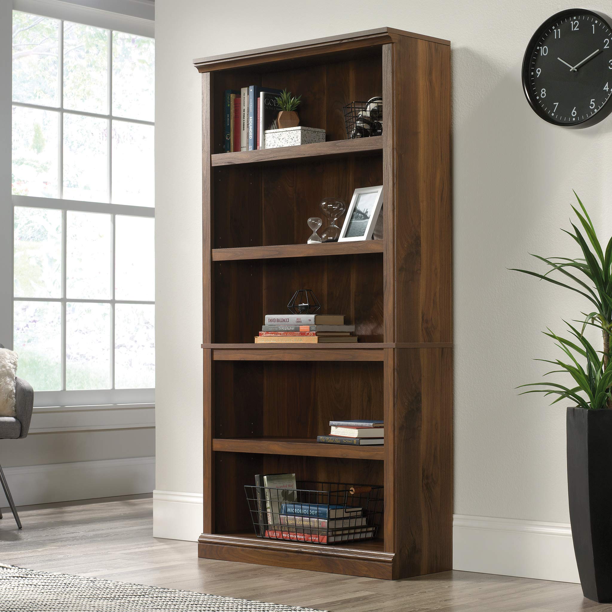 Sauder 5-Tier Wooden Bookcase - Multipurpose Bookshelf for Home Office & Living Room - Grand Walnut Finish - Perfect for Organizing Books, Decor & Storage in Small Spaces