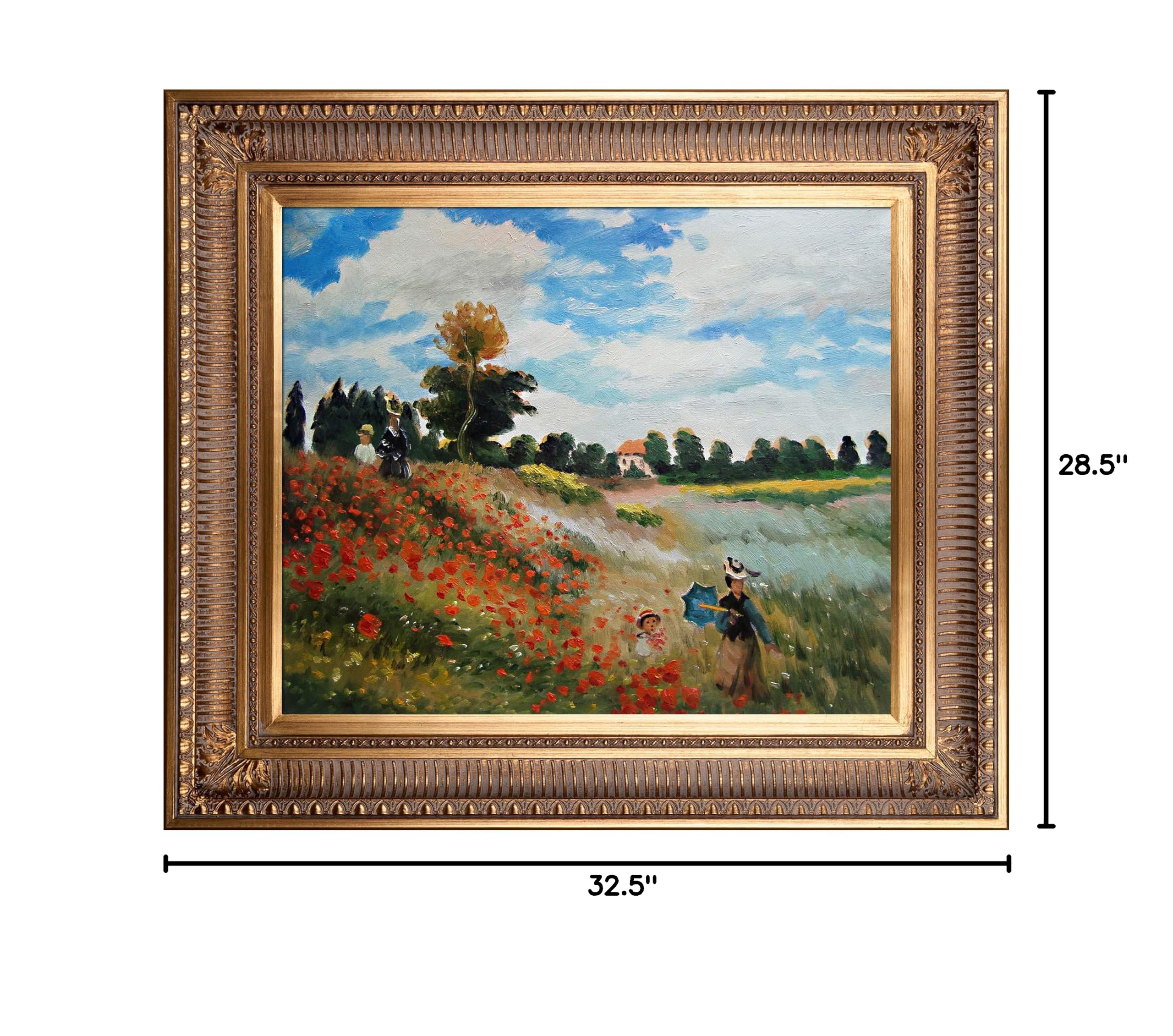 La Pastiche Poppy Field in Argenteuil - Hand-Painted Oil Painting Reproduction with Gold Frame, 32.5 x 28.5 Inches - Vibrant Floral Wall Art for Living Room, Bedroom & Office Decor