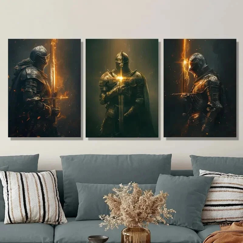 3-Piece Flame Knight Full Armor Metal Wall Art - Ready to Hang Medieval Knight Decor for Living Room, Bedroom & Office