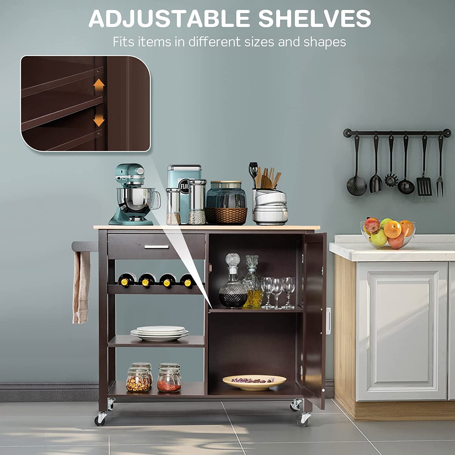 Hysache Kitchen Island Cart with Adjustable Shelves, Lockable Wheels & Wine Rack - Multi-Functional Rolling Storage Cabinet for Kitchen, Dining Room & Bar - Wooden Mobile Trolley in Brown/White (HW66112) - Perfect for Small Spaces, Entertaining & Extra Counter Space