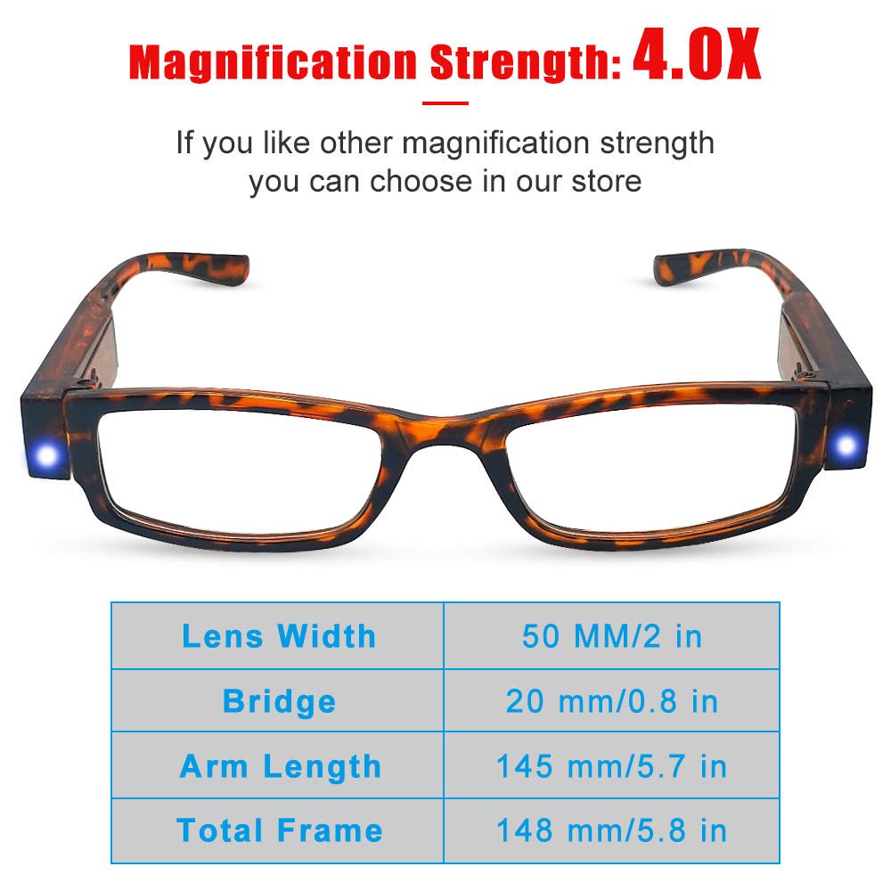 LED Magnifying Reading Glasses with Light for Men & Women - +4.0 Strength Full Frame Eyewear - Hands-Free Illuminated Readers for Nighttime Reading, Crafts, Hobbies & Close Work