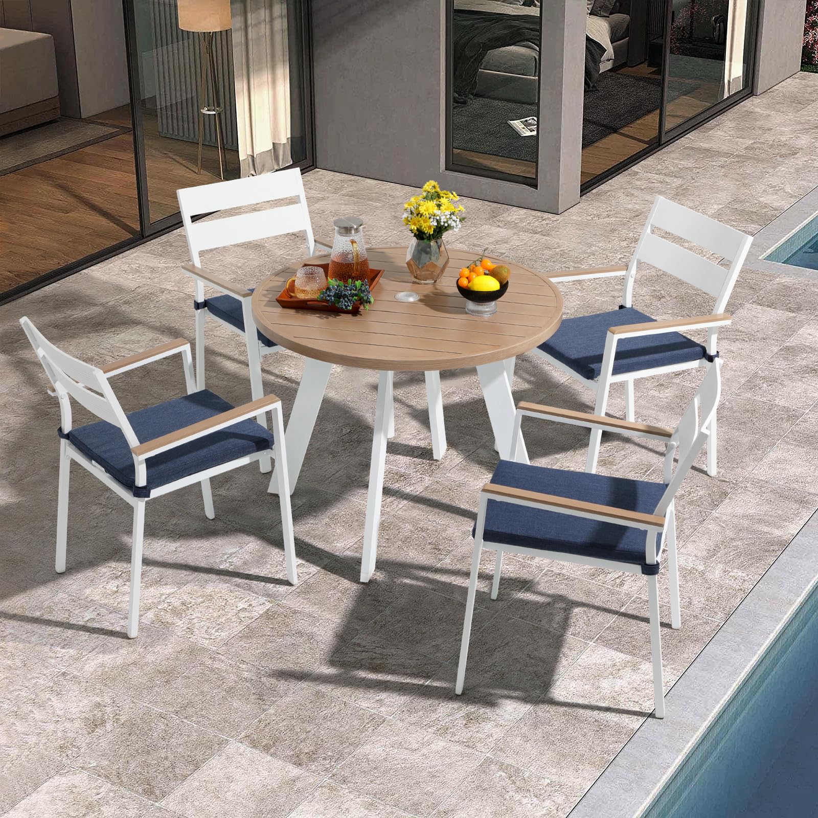 JOIVI 5-Piece Outdoor Dining Set - Aluminum Patio Furniture with Wood Grain Tabletop & Navy Blue Cushions, Stackable Chairs for 4 People, 2.05