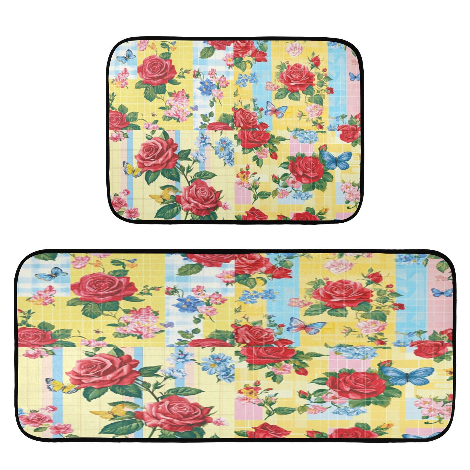Non-Slip Rose Flower Butterfly Kitchen Rugs - Set of 2 Soft Floor Mats for Kitchen, Laundry Room & Entryway - Waterproof Doormats for Home Decor & Safety