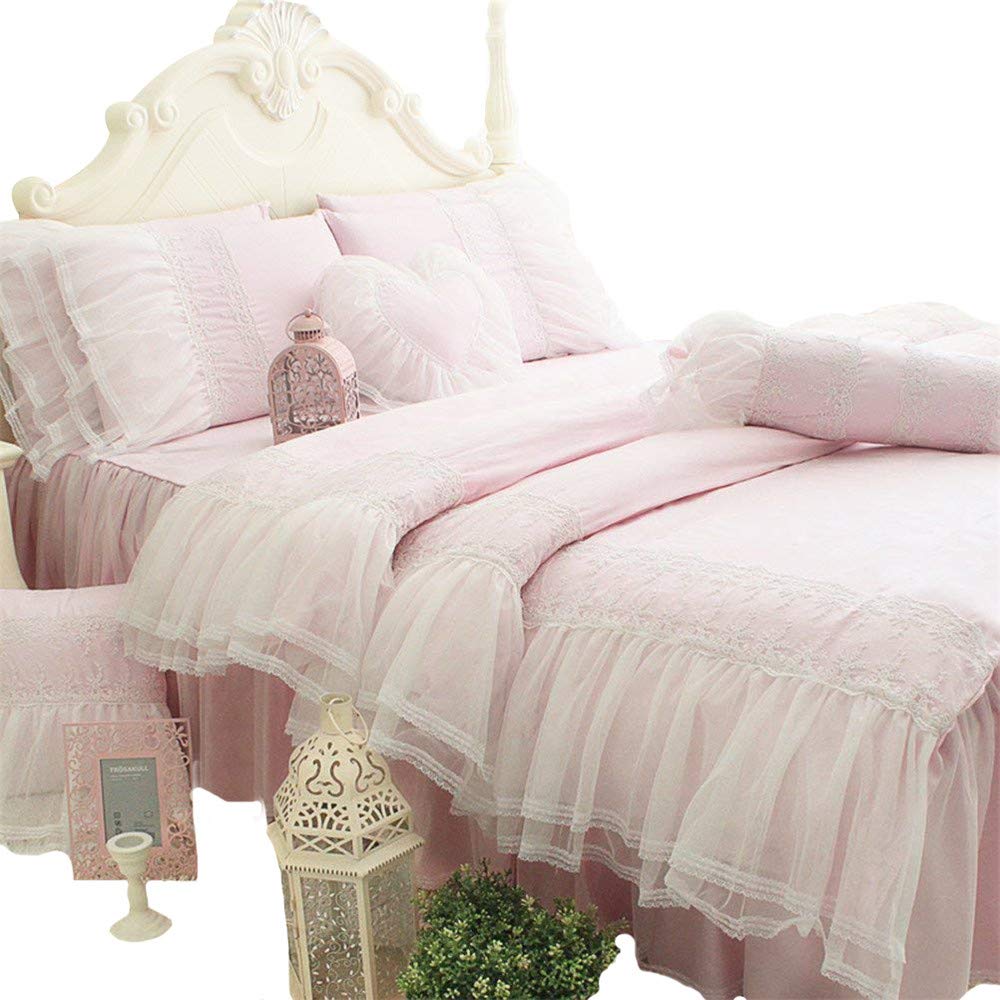 ABREEZE 100% Cotton 4-Piece Pink Bedding Set with Ruffle Lace - Full Size Duvet Cover, Bed Skirt for Girls Princess Fairy Theme | Perfect for Kids' Bedrooms, Sleepovers & Gift Giving