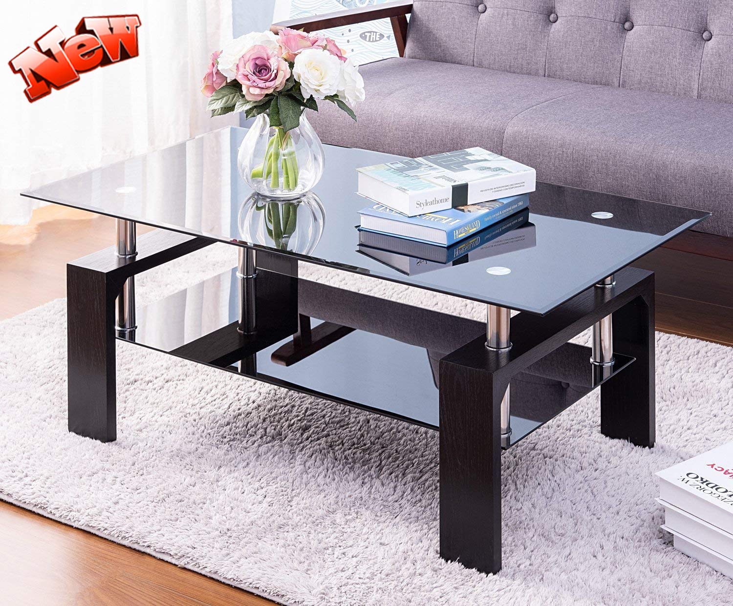 Upgraded Modern Glass Top Cocktail Coffee Table with Storage Shelf - 43 Inch Rectangle Living Room Center Table with Wood Legs - Perfect for Sofa Side, Lounge Decor & Small Space Furniture Arrangement