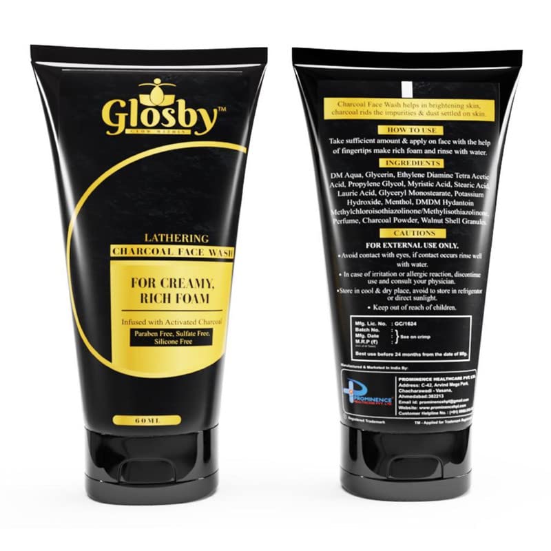 Glosby Activated Charcoal Face Wash for Deep Pore Cleansing - Fights Pollution & Acne - Paraben Free, Sulfate Free, Silicone Free (60ml) - Perfect for Oily & Combination Skin - Daily Detox & Deep Cleansing Facial Cleanser