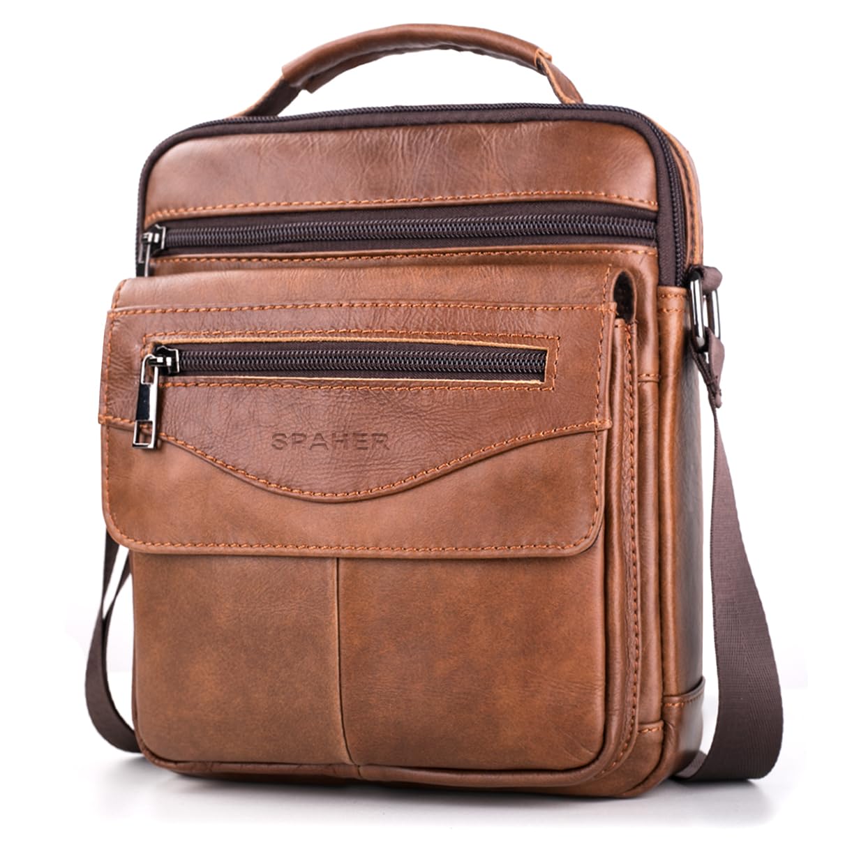 SPAHER Men's Genuine Leather Messenger Bag - Waterproof Crossbody Shoulder Bag for Business & Travel - Adjustable Strap Fits iPad 11 Inch - Brown Satchel for Work, Commuting & Daily Use