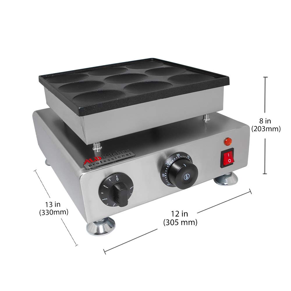 ALDKitchen Mini Dutch Pancake Maker - Poffertjes Machine with 9 Nonstick Cavities | 110V Electric Griddle for 9 Big Pancakes | Perfect for Breakfast, Brunch & Party Snacks