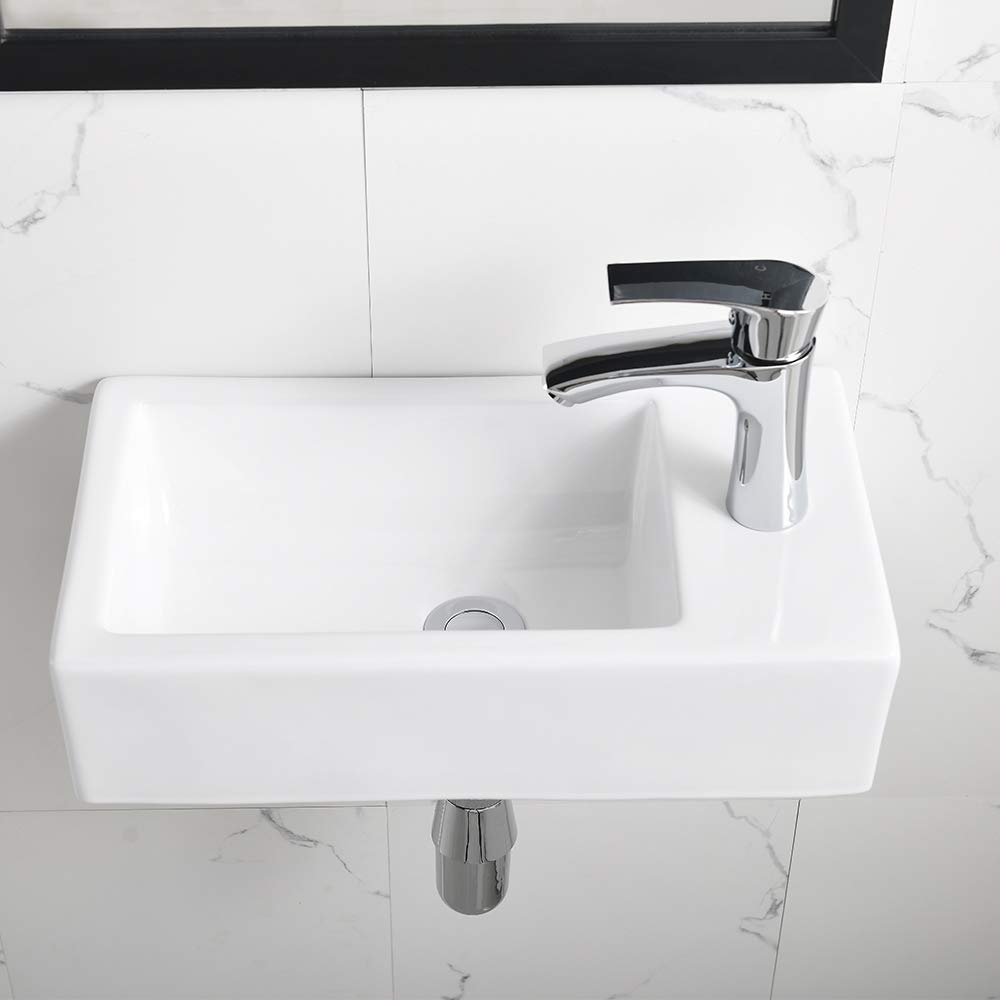 Bokaiya 18 Inch White Porcelain Corner Bathroom Sink with Faucet & Drain - Wall Mount Small Rectangle Ceramic Vanity Sink (Right Hand) - Perfect for Small Bathrooms, Powder Rooms & Space-Saving Designs