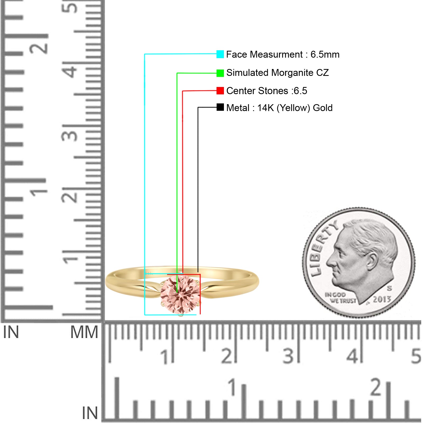 14K Yellow Gold Round Morganite and Cubic Zirconia Solitaire Ring for Women - Elegant Engagement, Wedding, Anniversary Gift Idea
