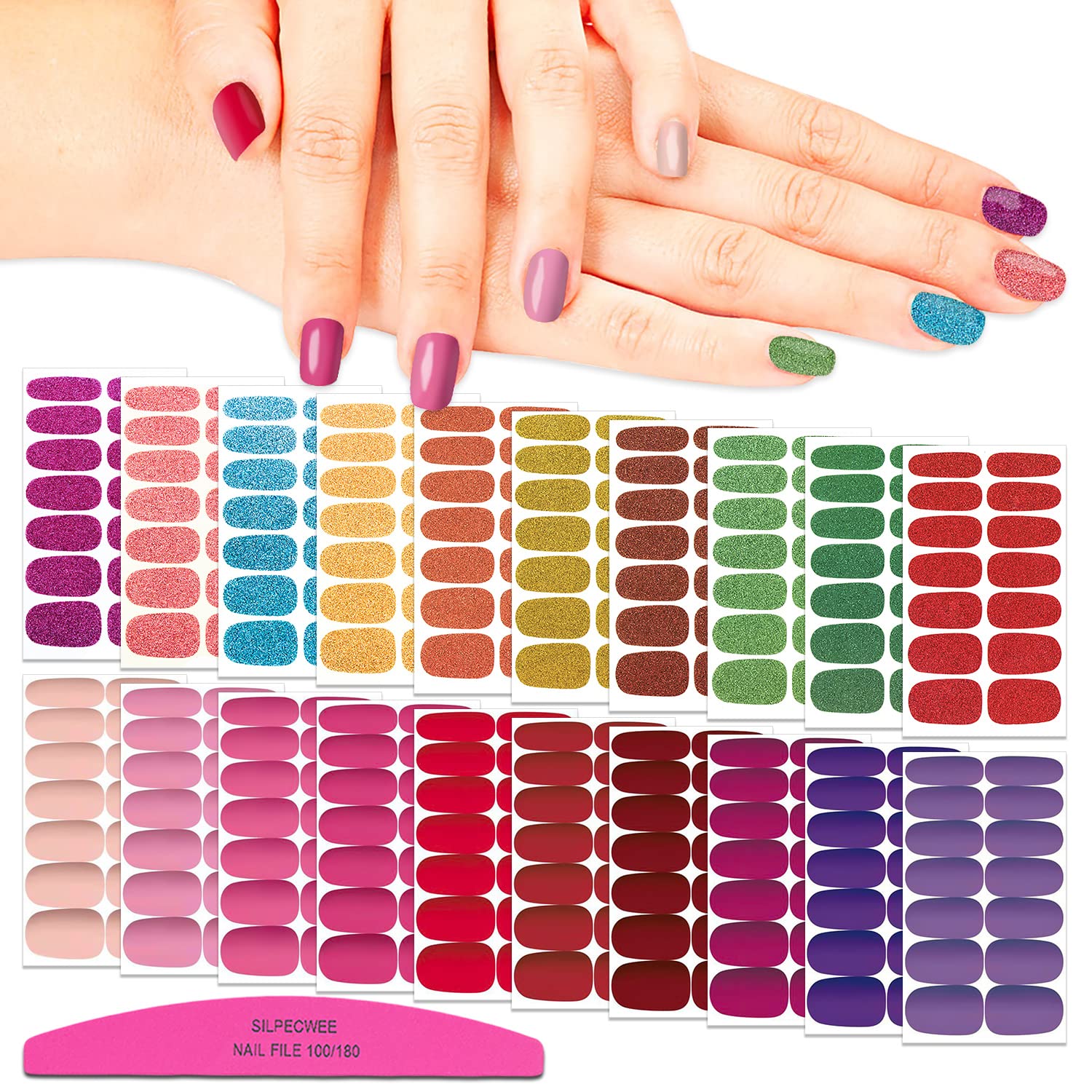 SILPECWEE 20 Sheets Glitter Solid Color Nail Polish Strips - Self Adhesive Nail Wraps with Nail File | Long Lasting Nail Stickers for Women | Perfect for Parties, Weddings & DIY Nail Art at Home
