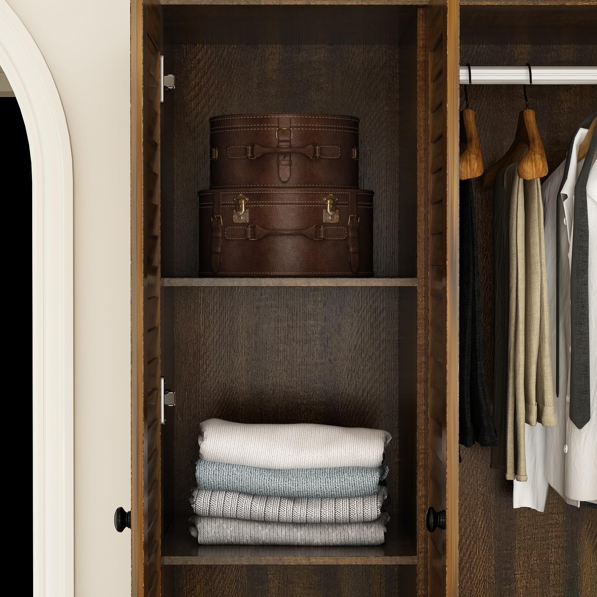 ECACAD Large Wooden Wardrobe Armoire with 5 Drawers, Multi-Tier Shelves & Hanging Rod - 4 Louver Door Closet Storage Cabinet for Bedroom (59.1”W x 19.1”D x 70.5”H) - Perfect for Organizing Clothes, Shoes & Accessories in Small Spaces