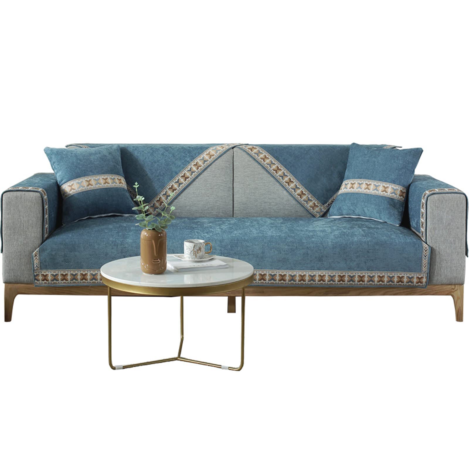 Chenille Sofa Slipcover - 4-Season Stretchable Sectional Couch Cover with Ribbon Embroidery, Solid Color Furniture Protector for Loveseats & Modular Couches - Perfect for Living Room, Family Room & Home Theater Seating