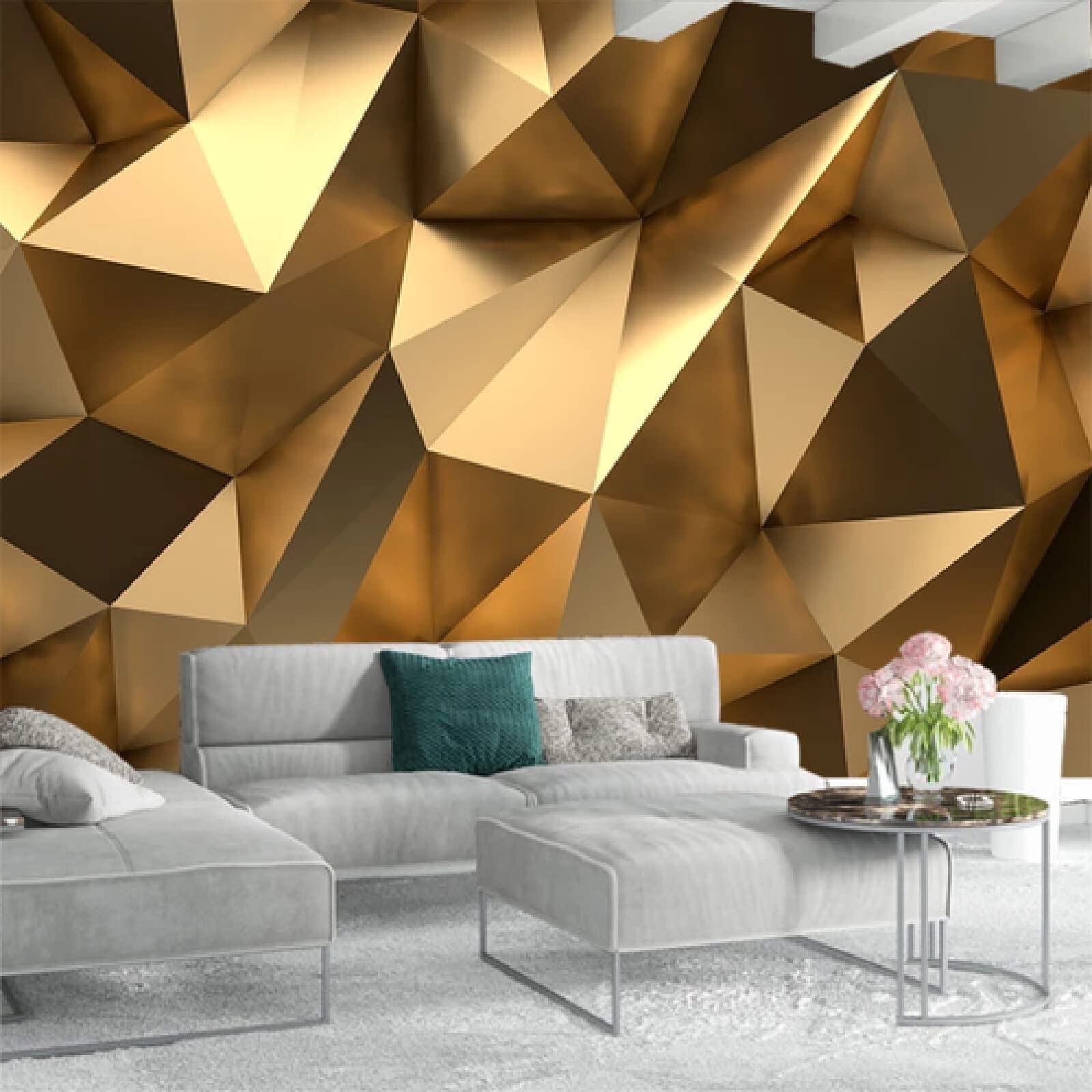 3D Golden Geometry Art Mural Wallpaper - Modern Creative Stereo Wall Covering for Living Room, TV Backdrop, Sofa Background (135